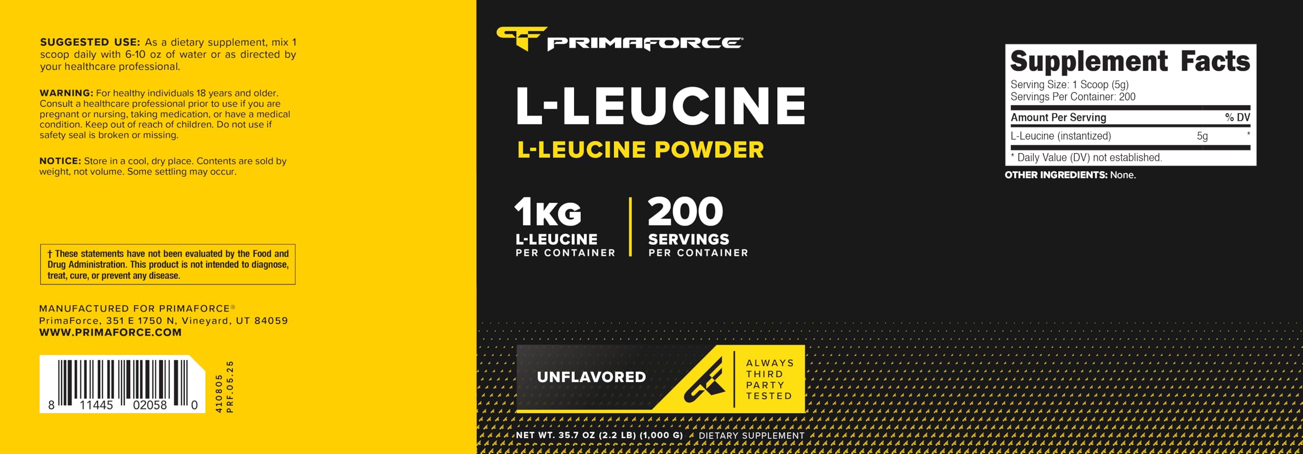 Leucina Primaforce en polvo para disolución rápida en bebidas.