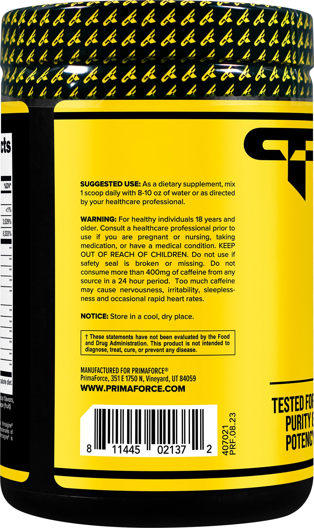Primaforce Preentrenamiento cafeína de 220 mg para enfoque durante el entrenamiento.