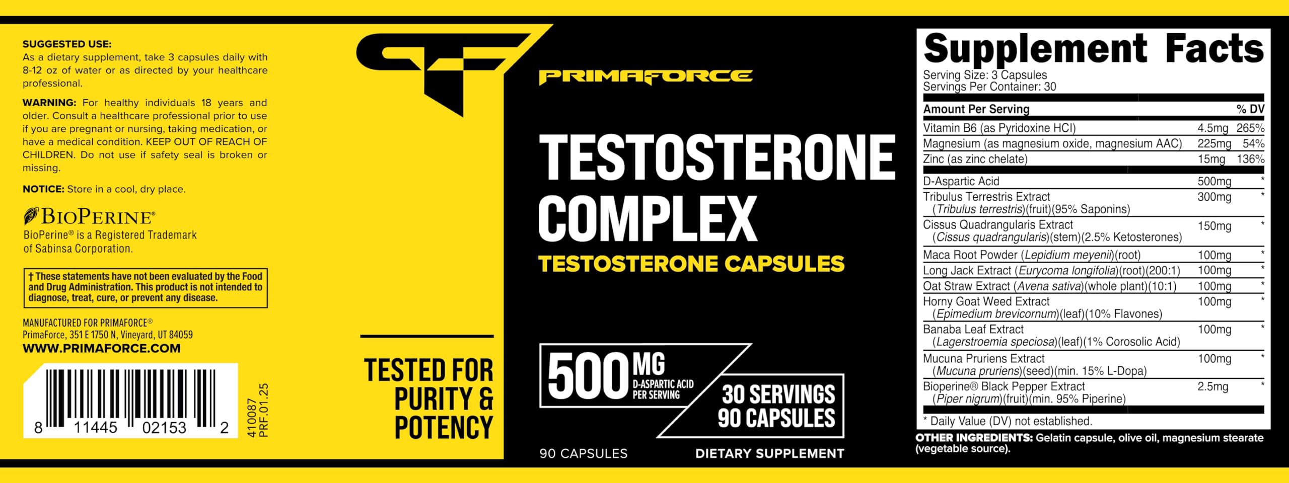 Primaforce Testosterone Complex, dosificador, cápsulas fáciles de tragar para uso diario.