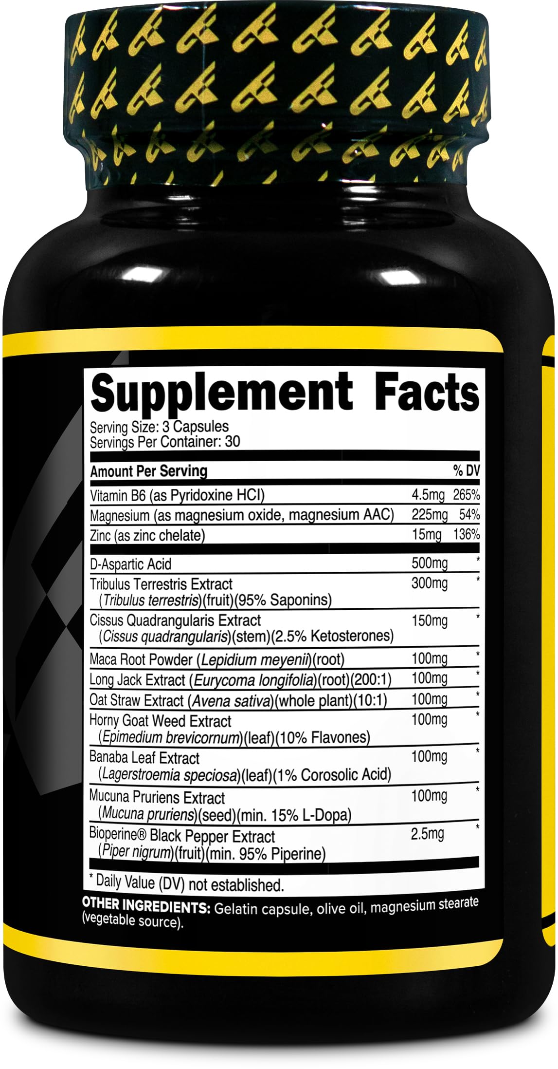 Primaforce Testosterone Complex, etiqueta nutricional, planifica 30 porciones por envase con claridad.