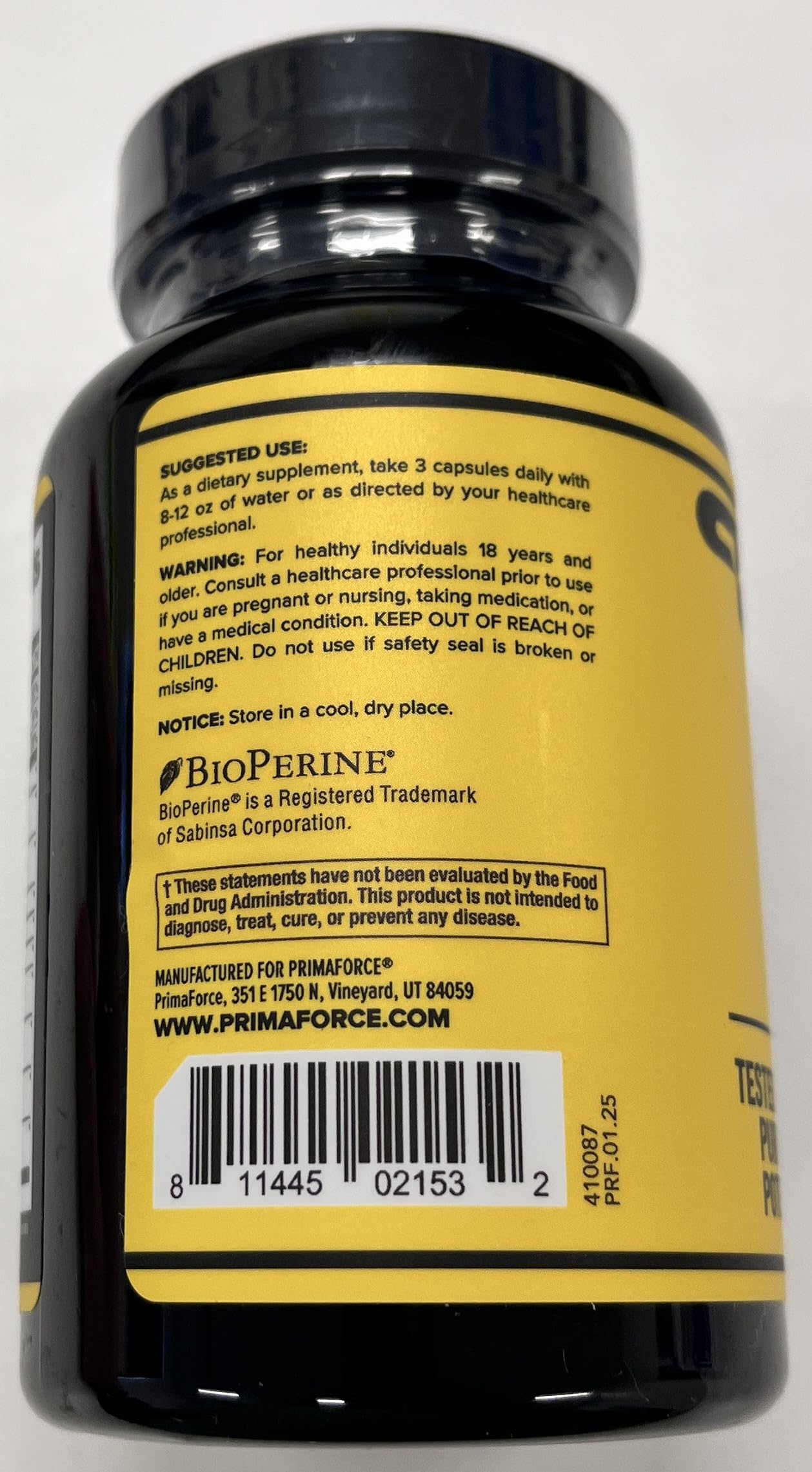Primaforce Testosterone Complex, ingredientes clave como Ácido D-aspártico para soporte general.