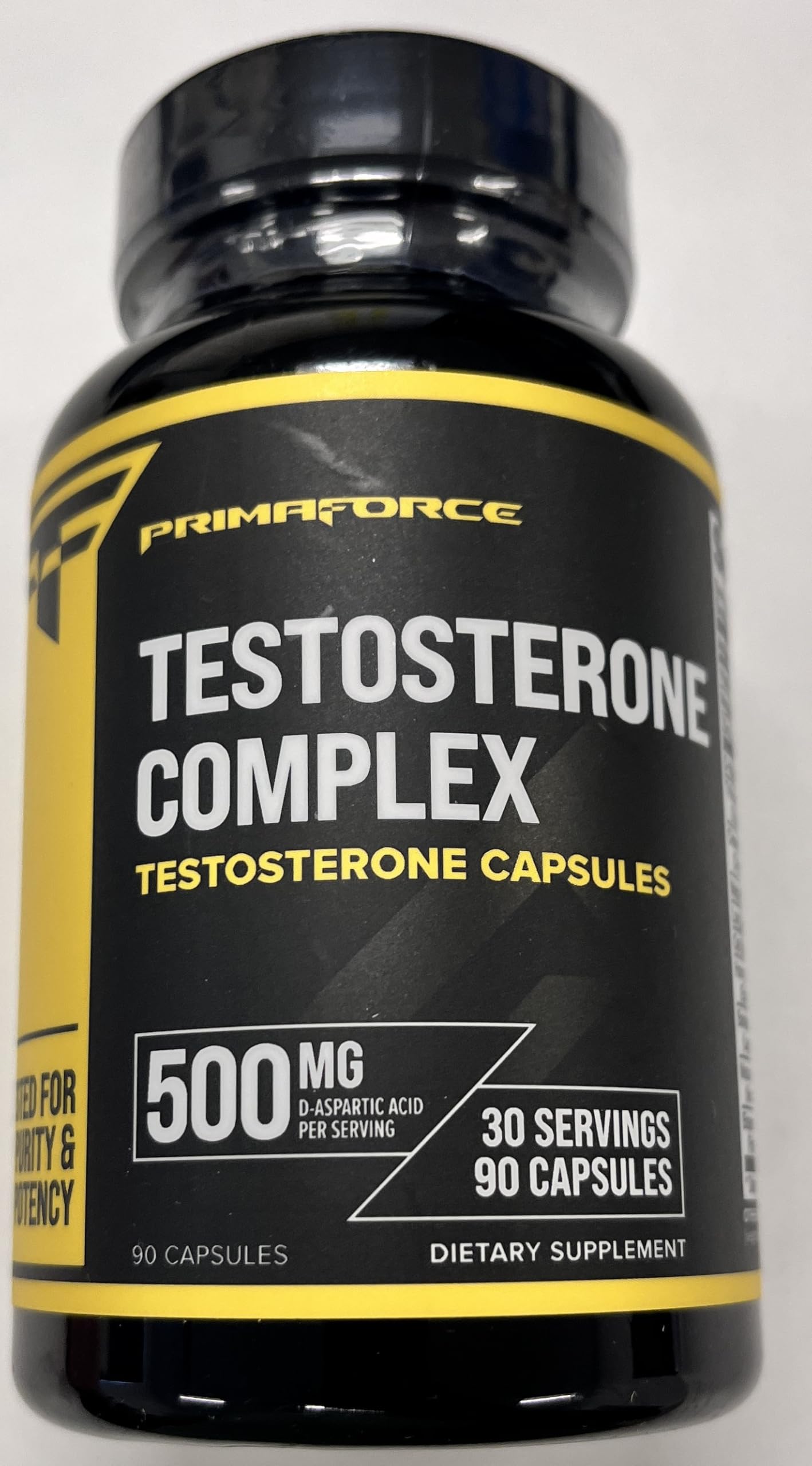Primaforce Testosterone Complex, insignia de prueba de terceros, garantía de pureza y potencia.