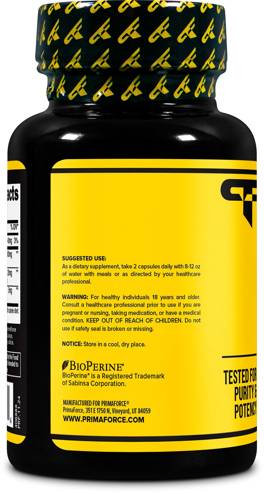 Etiqueta de Primaforce Tongkat Ali con información de pureza y potencia.