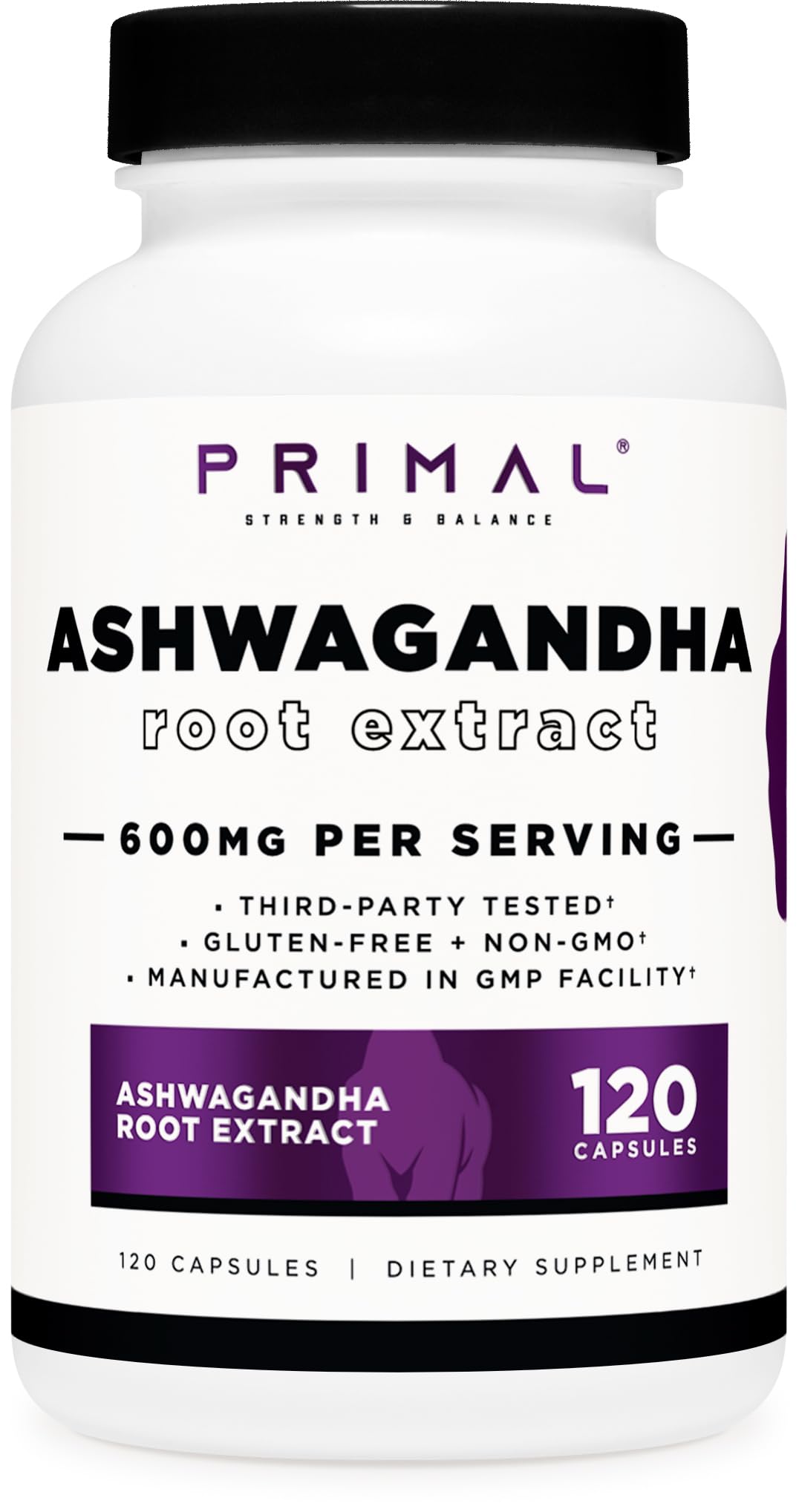 Primal Ashwagandha: botella frontal para apoyo diario de bienestar.