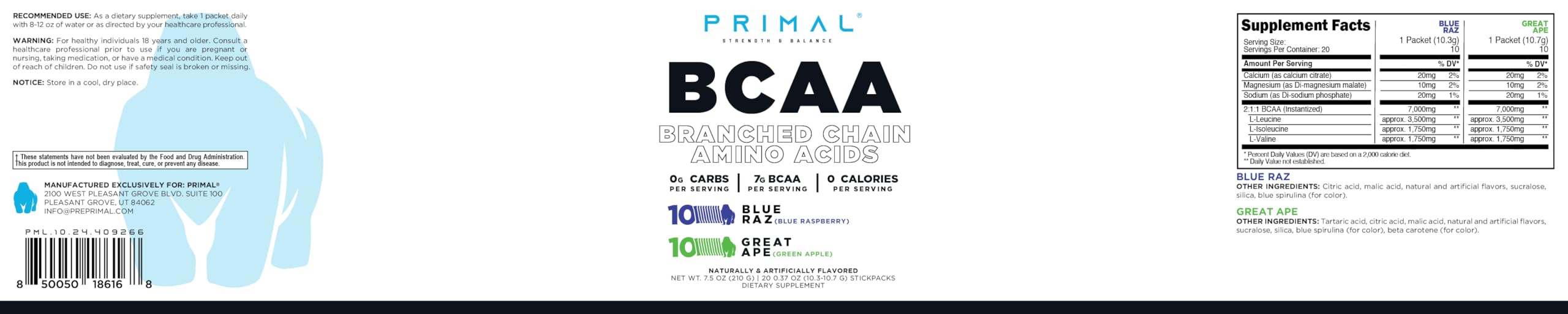 Envase Primal BCAA con certificación GMP y pruebas de terceros para calidad.