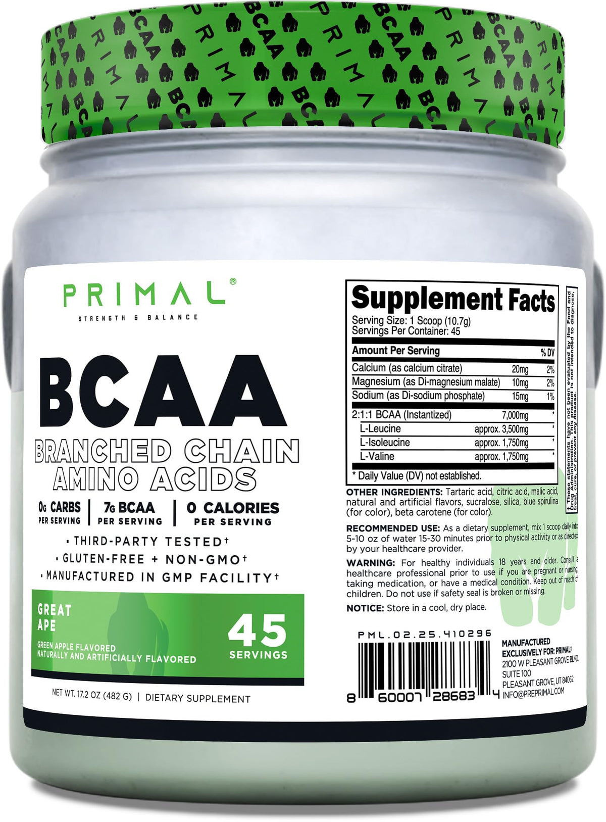Primal BCAA Powder Gran Simio Lata: sabor manzana verde para entrenamientos