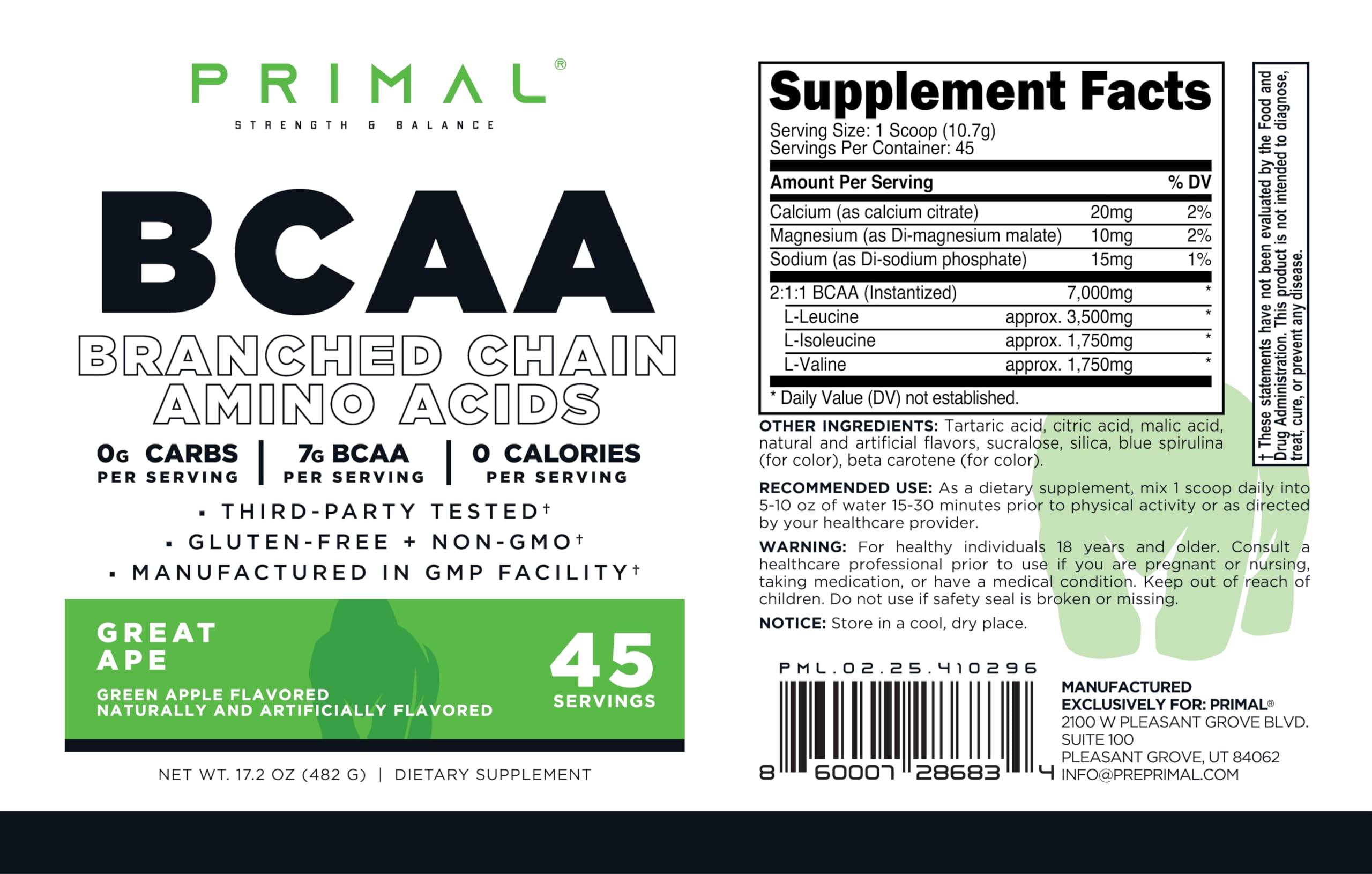 Primal BCAA Powder Preparación en Vaso: sabor gran manzana verde para entrenos diarios