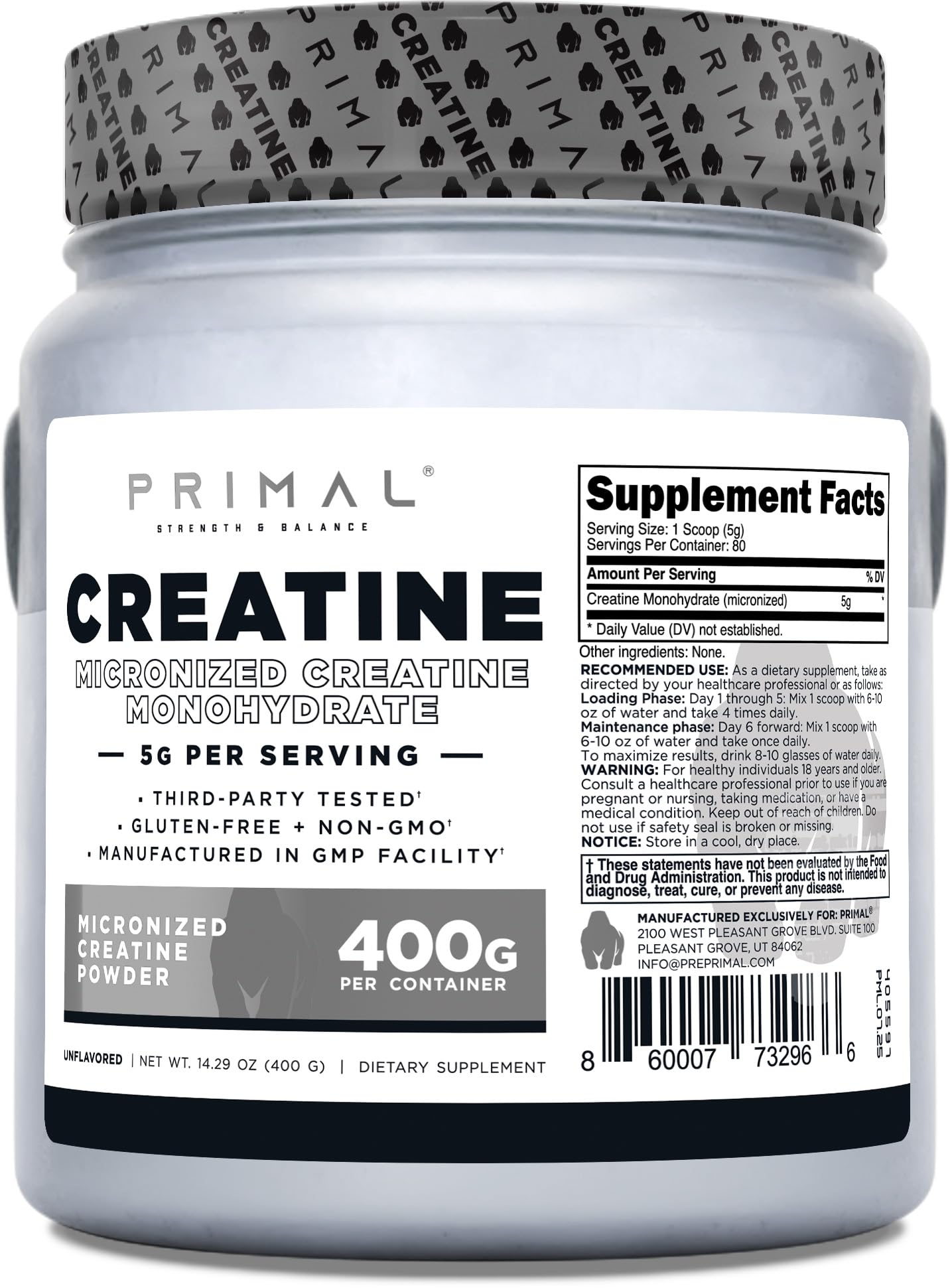 Primal Creatina Monohidrato ofrece dosis de 5 g para potenciar entrenos.