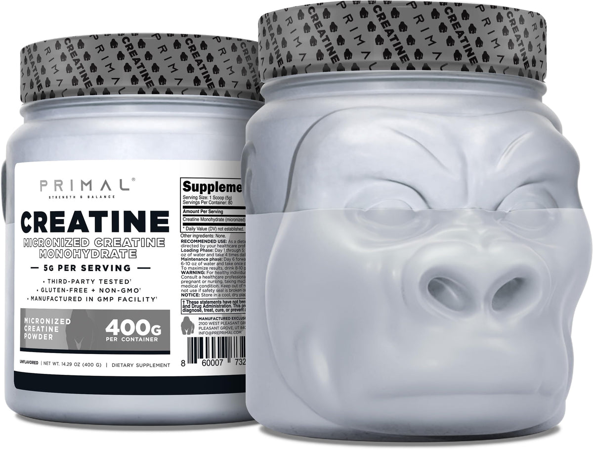 Primal Creatina Monohidrato en pote 400 g para entrenamientos intensos.