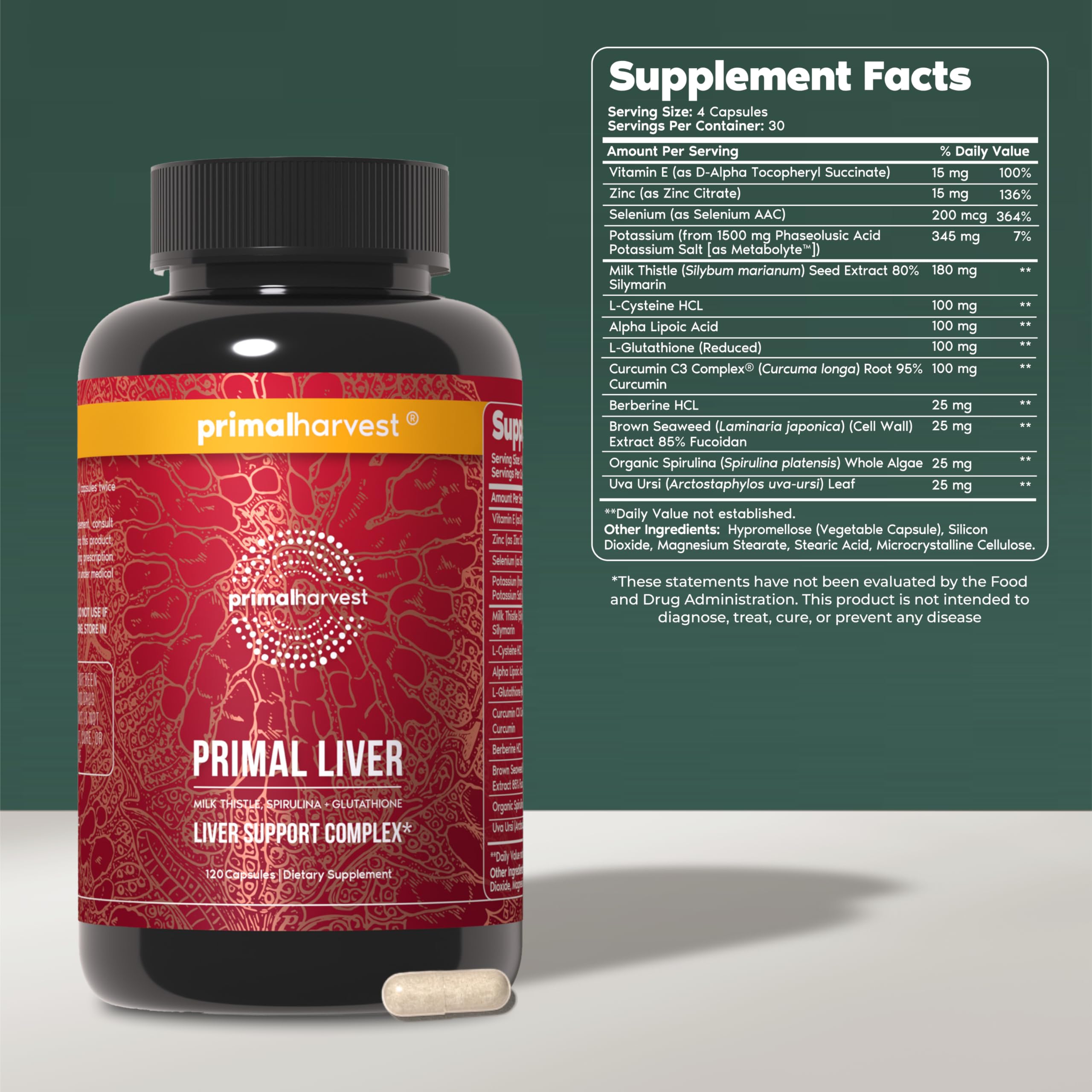 Primal Harvest cápsulas, primer plano de la fórmula para detox suave