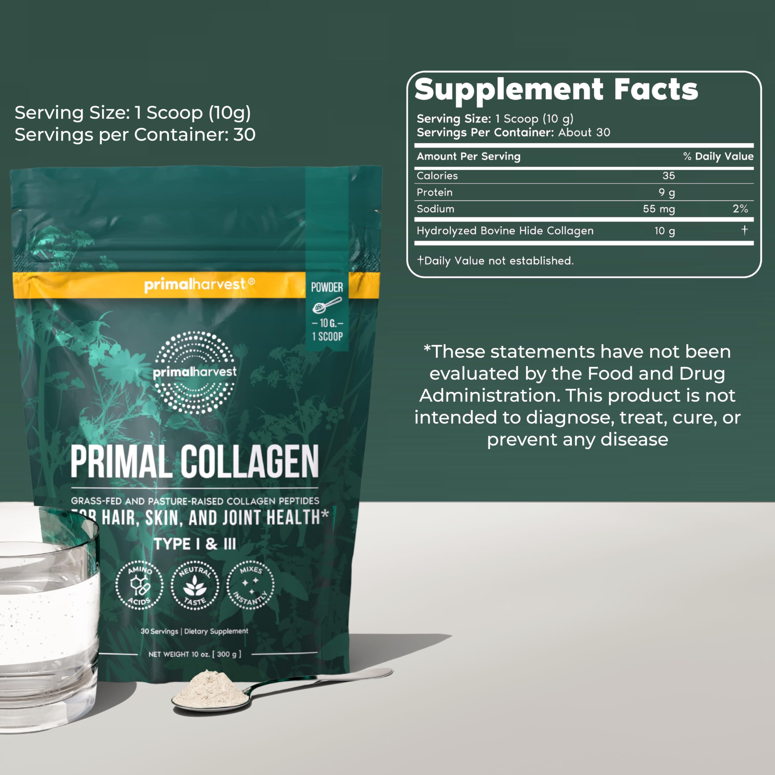 Primal Harvest Collagen bote 10oz, disolución rápida sin grumos.