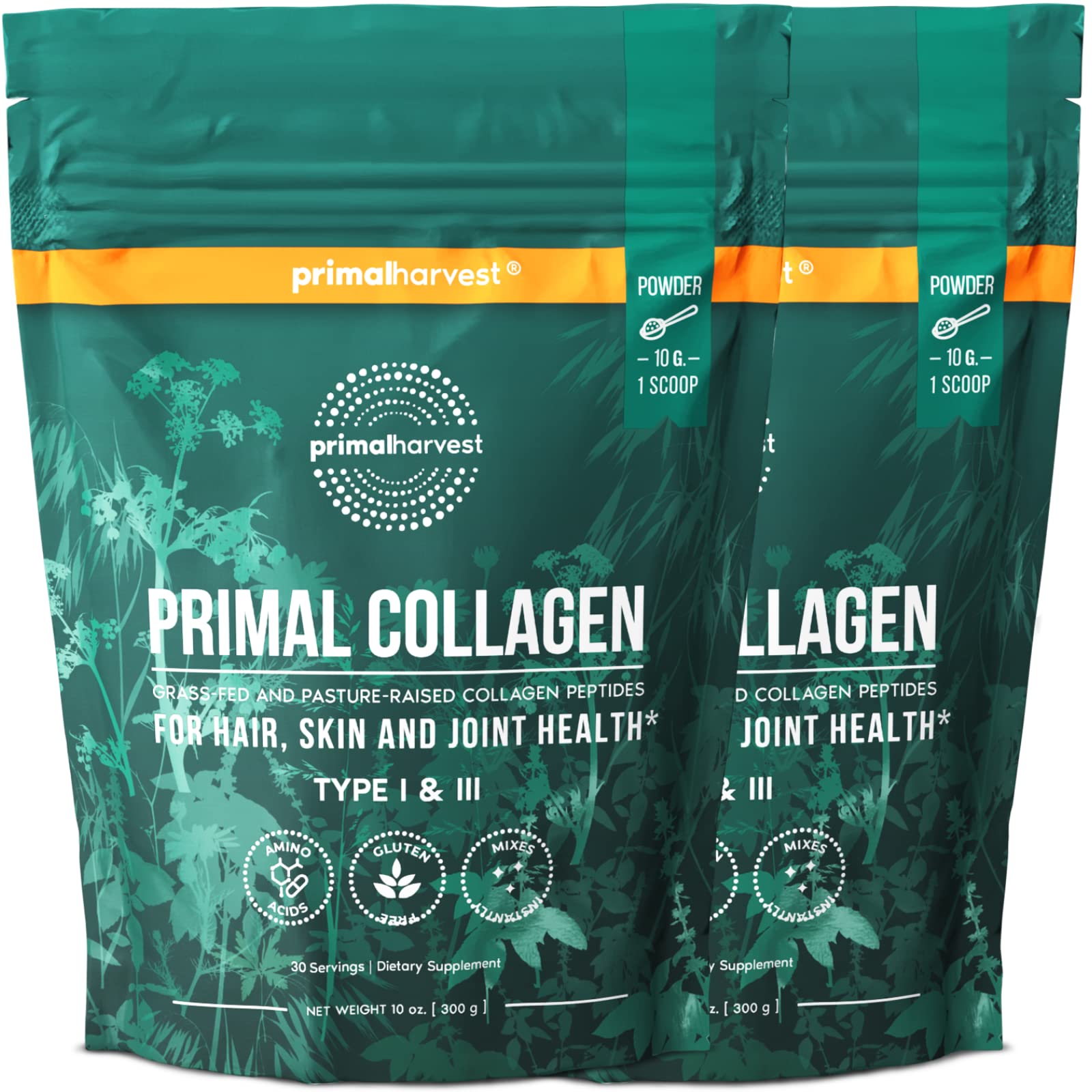 Primal Harvest Collagen polvo sin sabor, se mezcla fácilmente en bebidas.