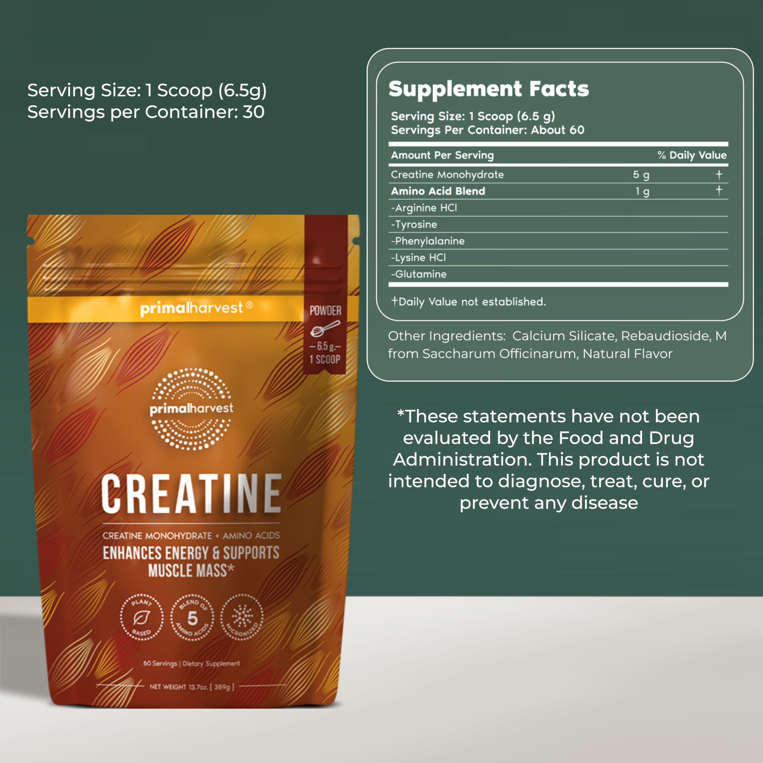 Primal Harvest Creatine Powder, cuchara medidora para dosis precisa durante la sesión