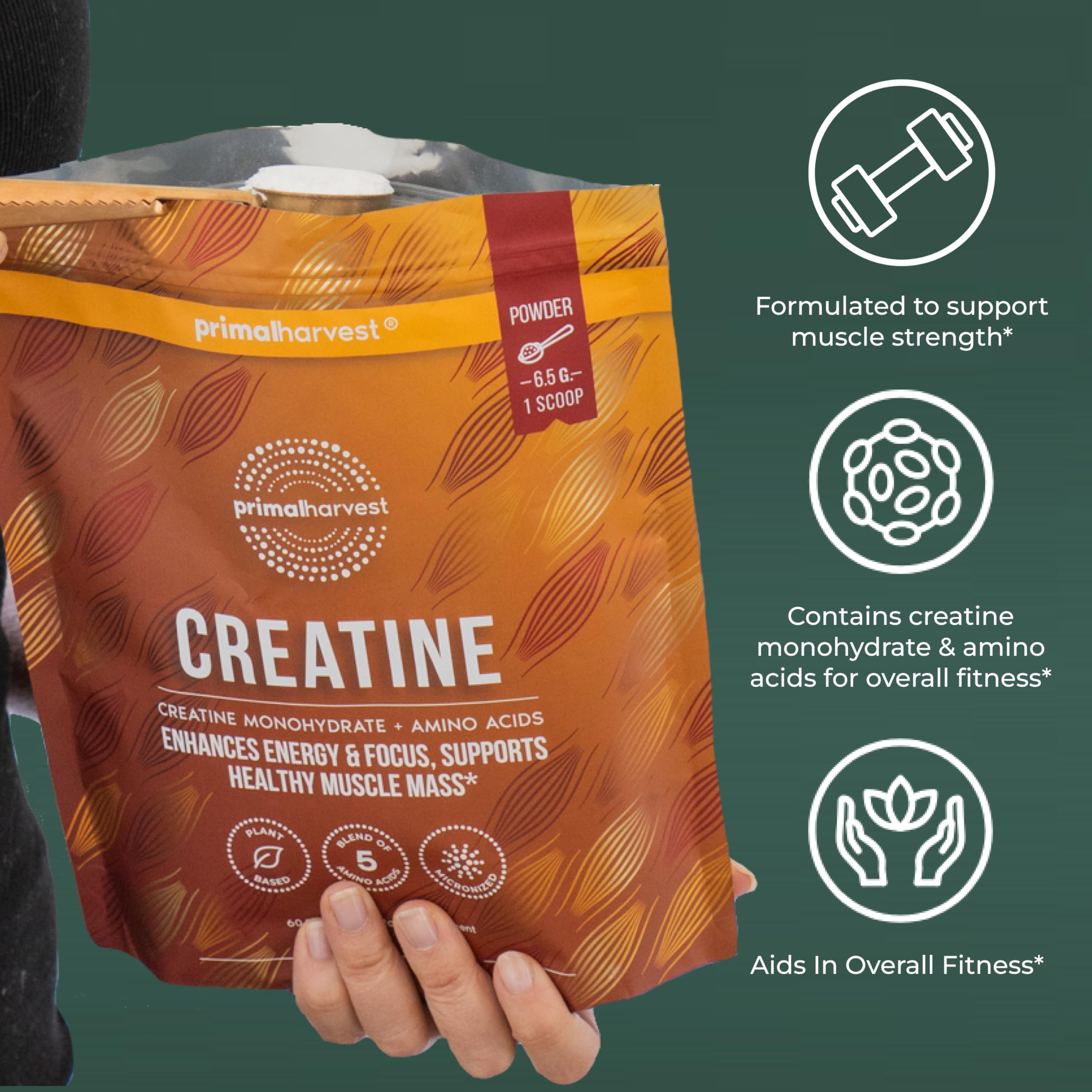 Primal Harvest Creatine Powder, versión sin gluten y sin lácteos para diversas dietas