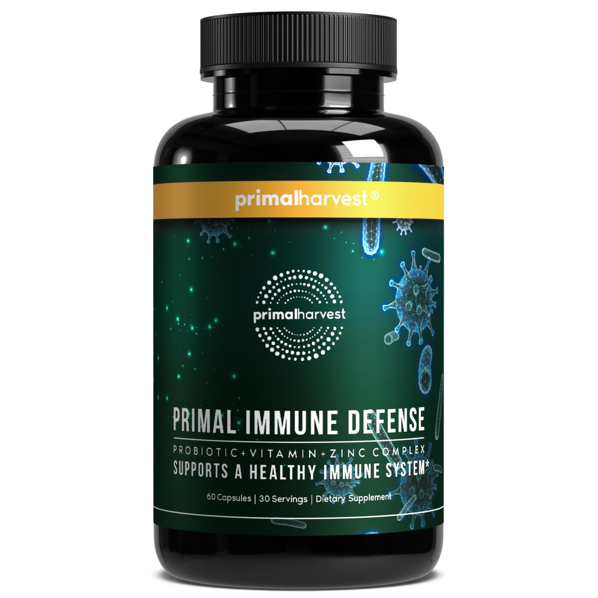 Primal Harvest Defensas Inmunitarias 10-en-1 en botella, uso diario cómodo.