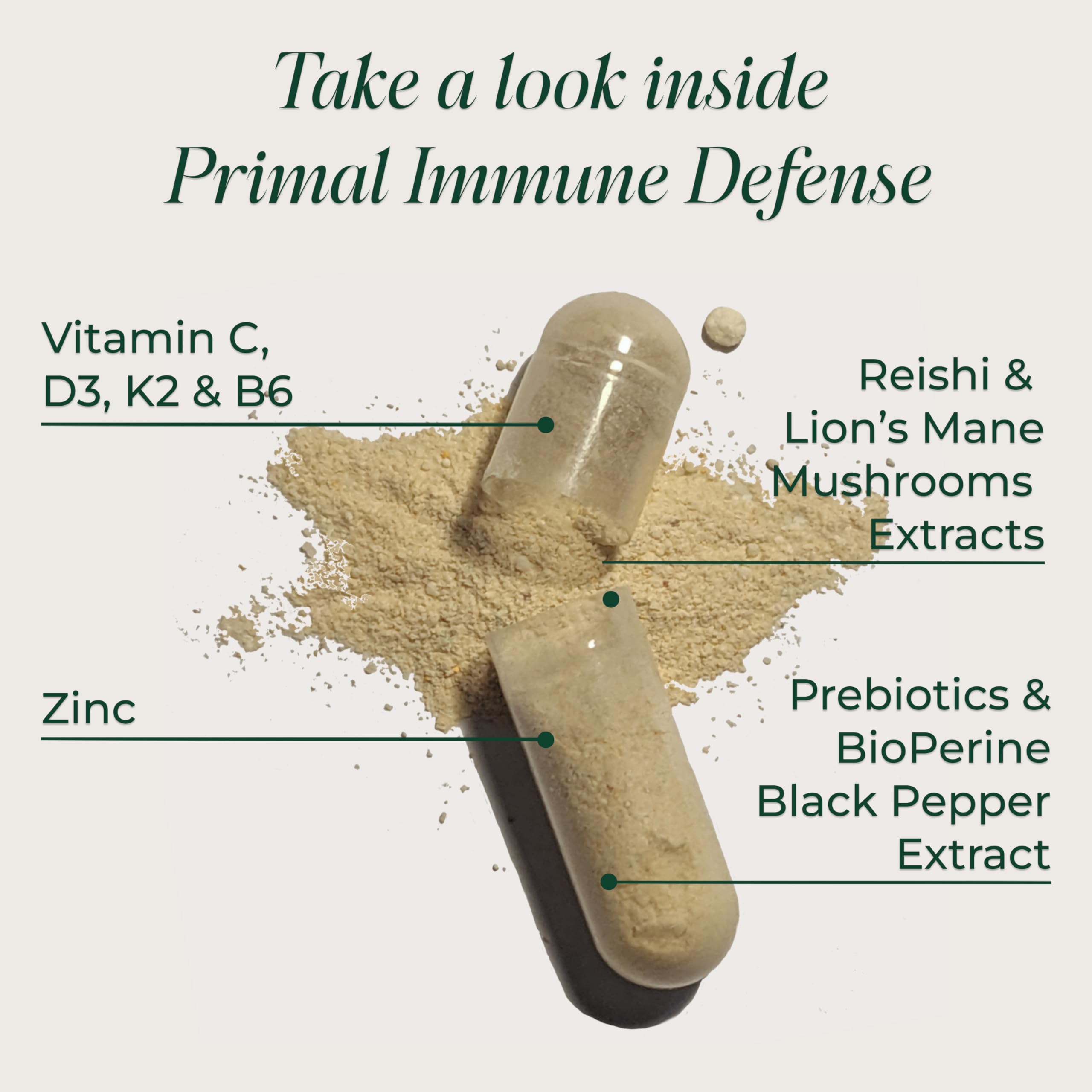 Etiqueta de Primal Harvest Defensas Inmunitarias, información clara de nutrientes clave.