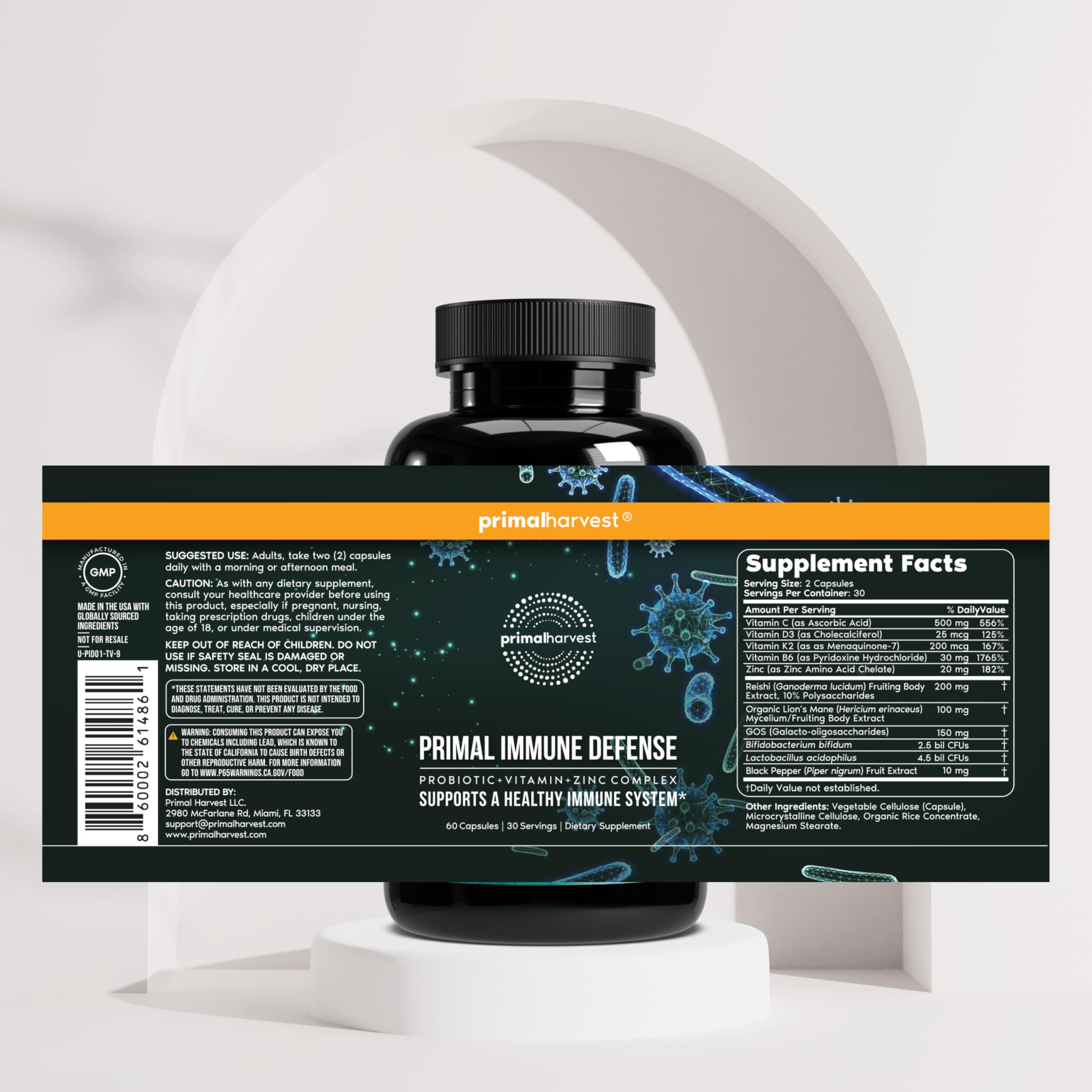 Zinc y vitaminas, Primal Harvest Defensas Inmunitarias para energía diaria.