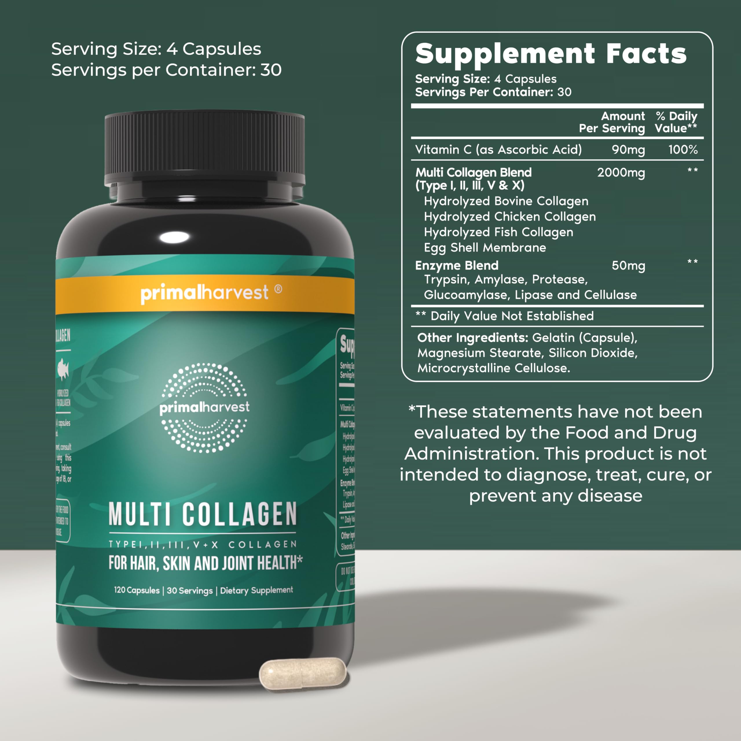 Etiqueta clara del frasco de Primal Harvest Multi Collagen con información nutricional.