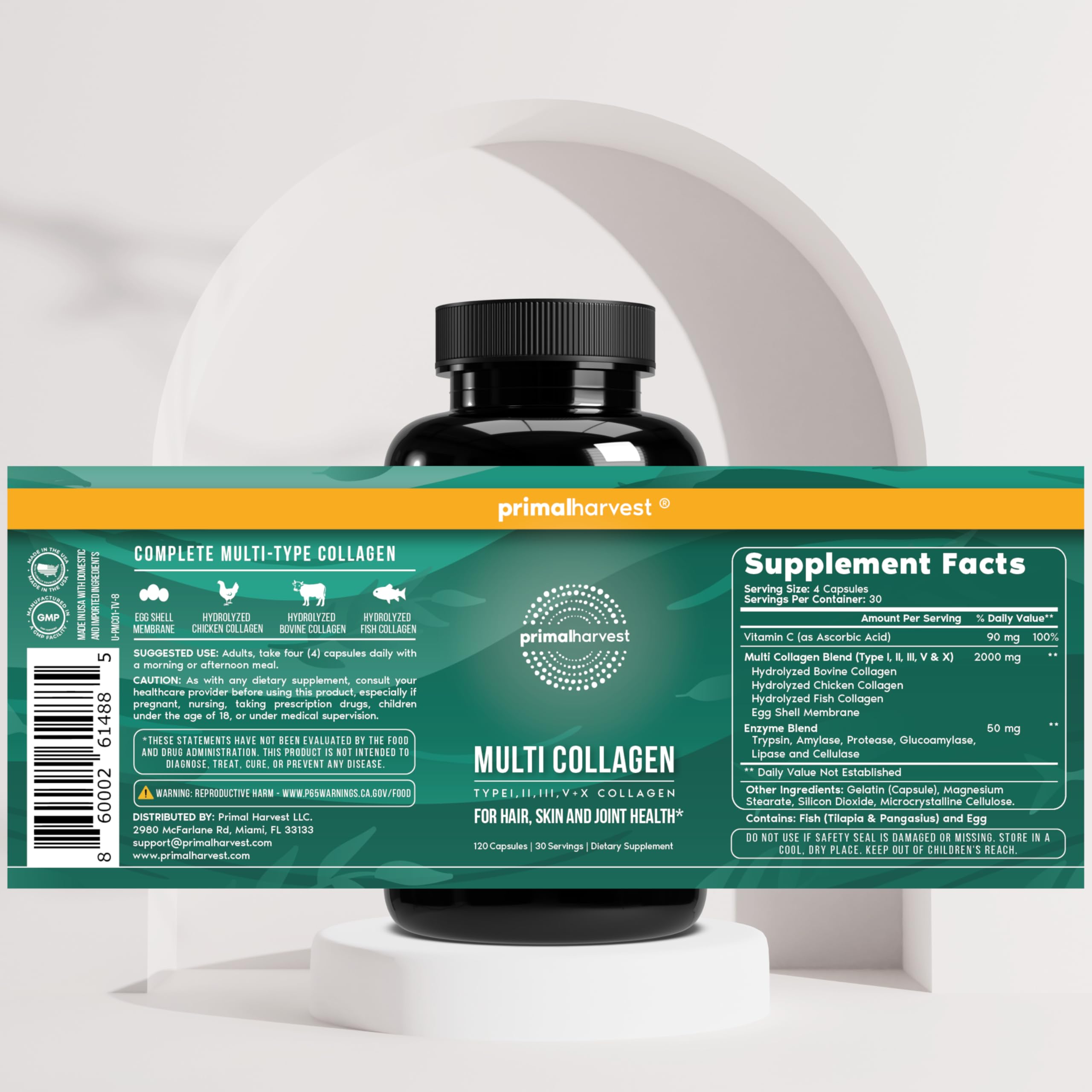 Manos sosteniendo el frasco de Primal Harvest Multi Collagen para uso diario.