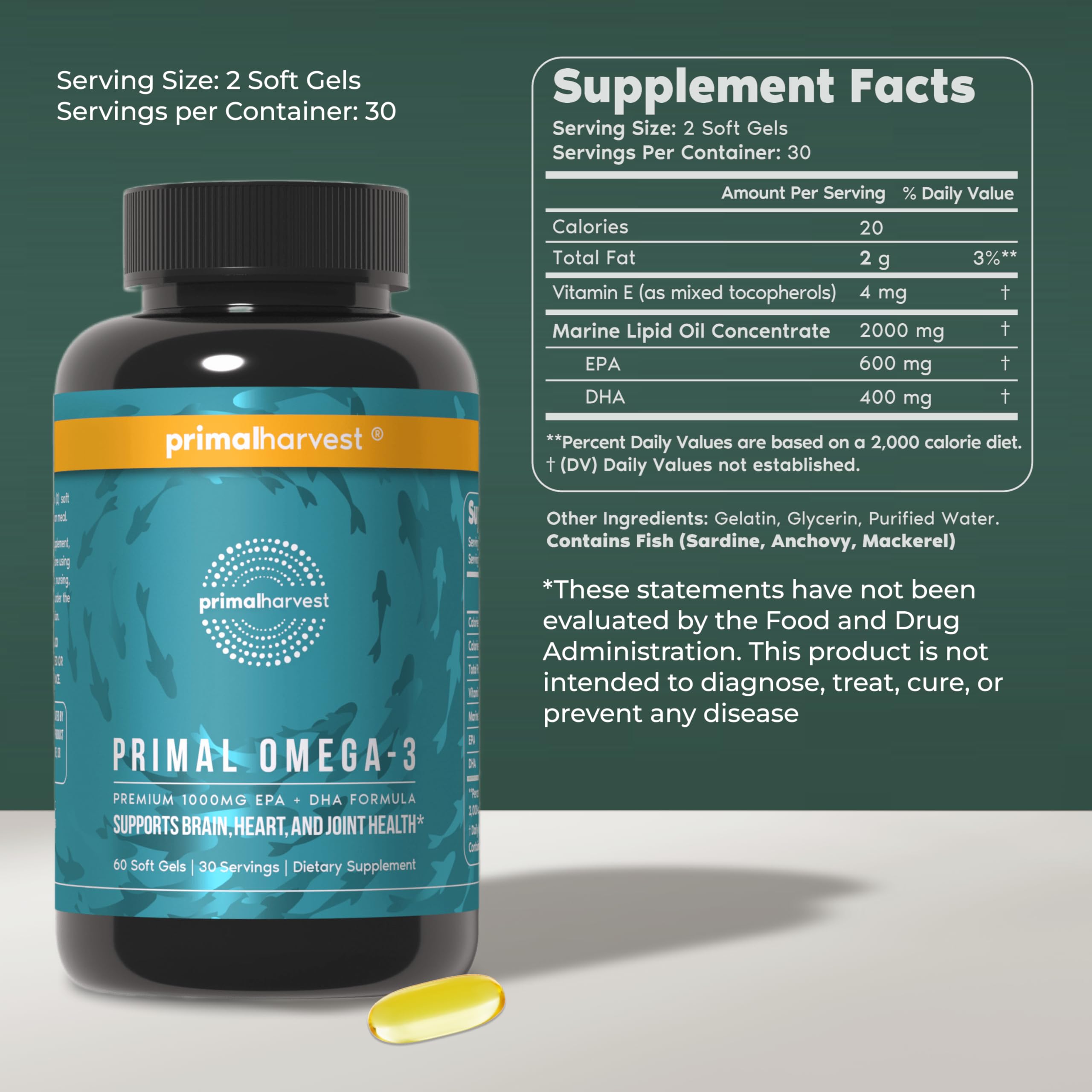 Primal Harvest Omega-3: botella de suplementos para consumo diario sin sabor a pescado.