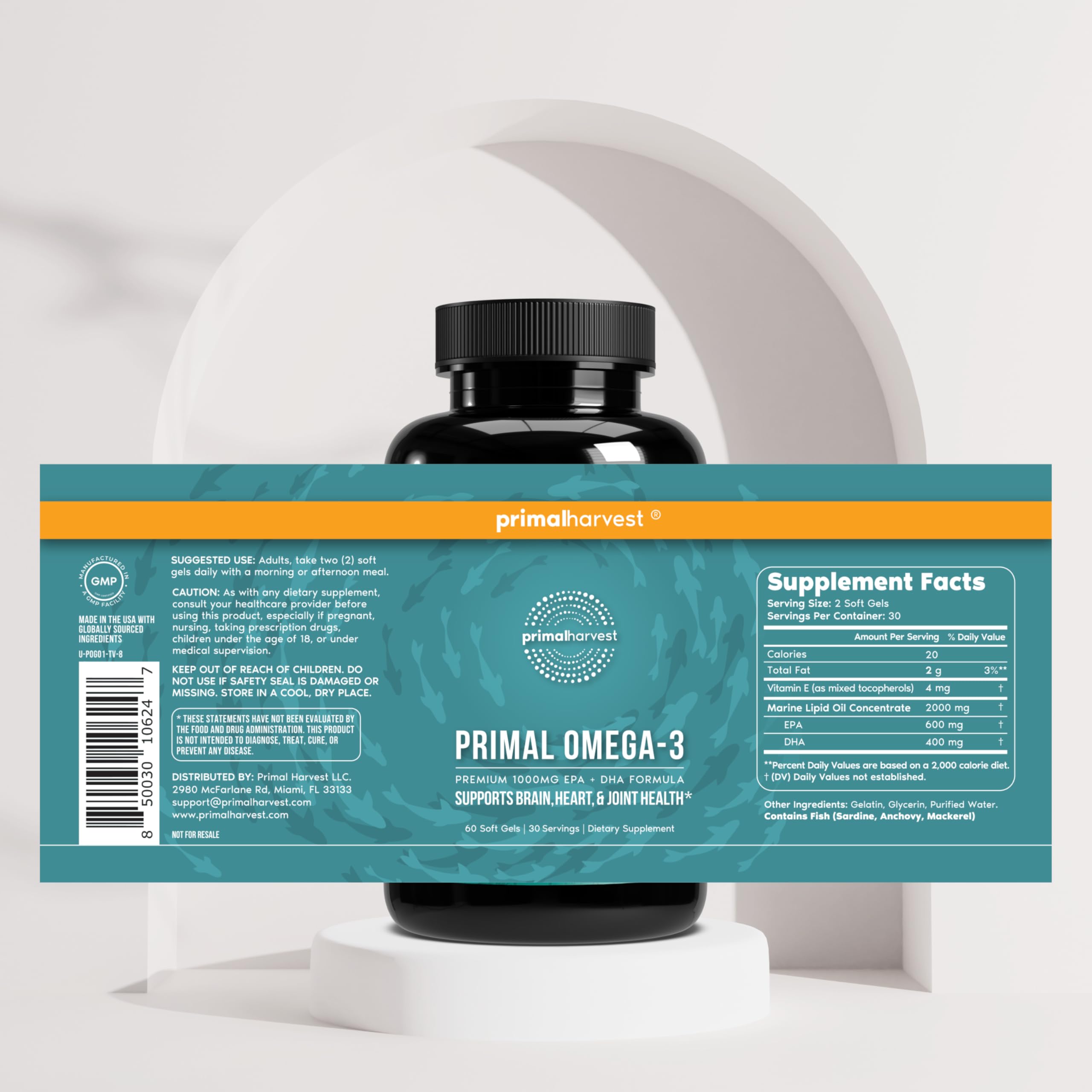 Primal Harvest Omega-3: cápsulas sin olor a pescado para uso diario.