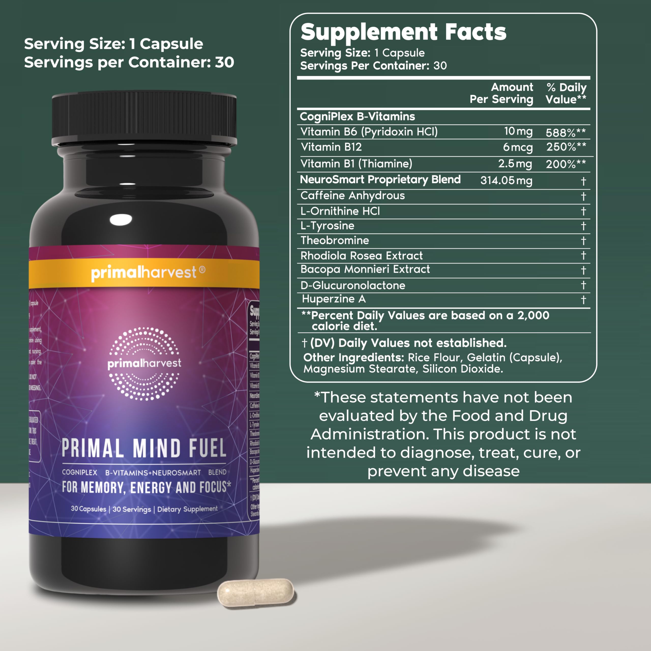 Primal Harvest Potenciador Cerebral Energia: proporciona energía sostenida para jornadas largas.