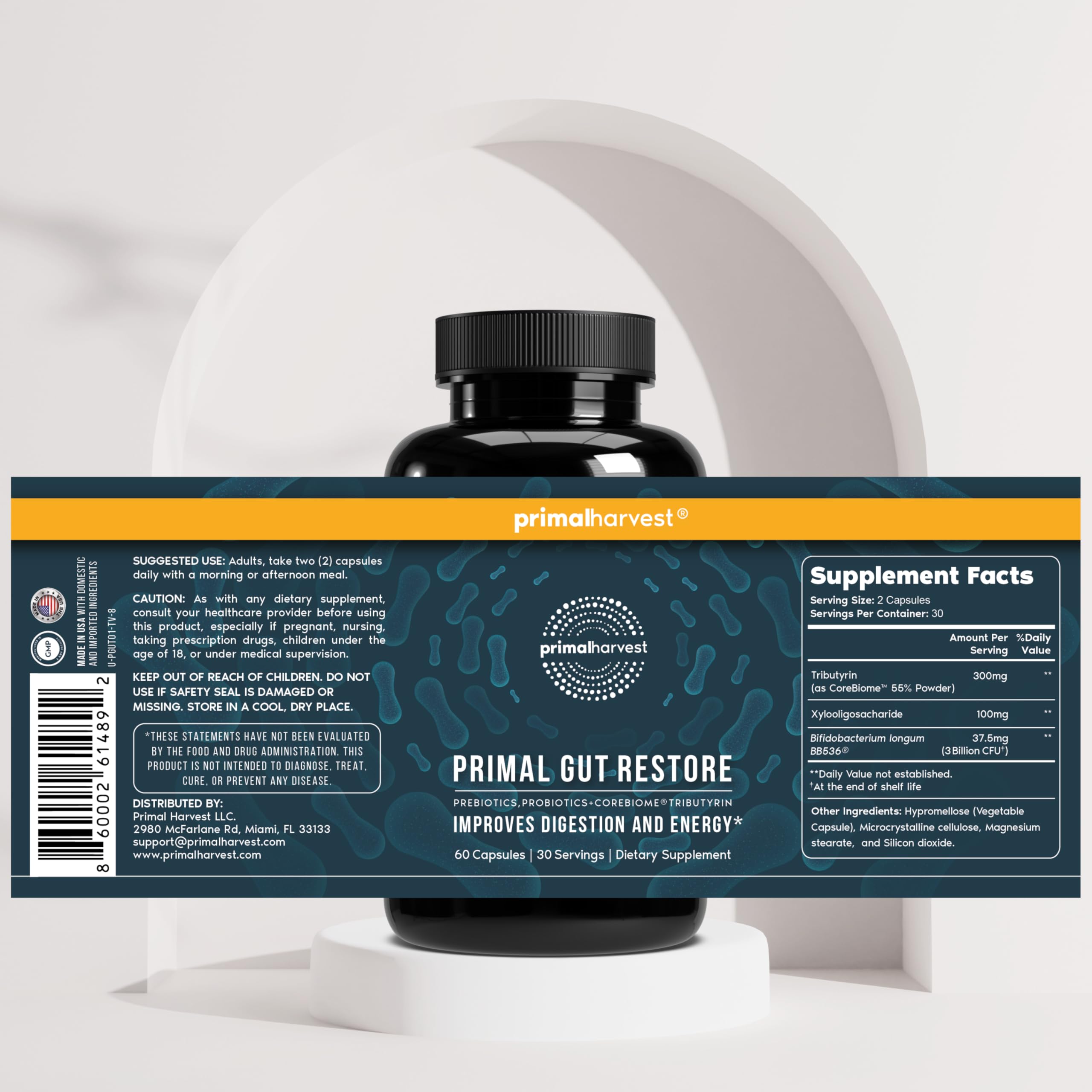 Primal Harvest Primal Gut Restore etiqueta nutricional con guía de dosificación.