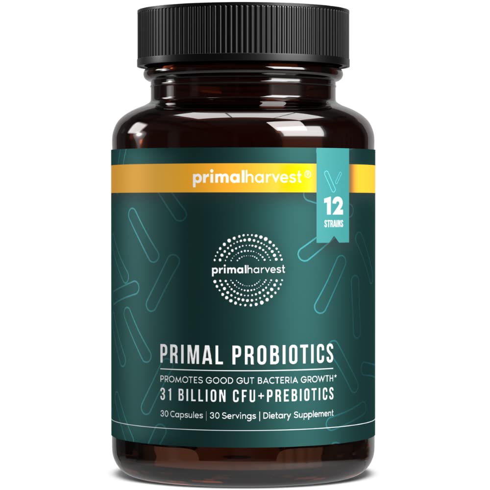 Primal Harvest Probiotics: botella con cápsulas para uso diario y salud digestiva.