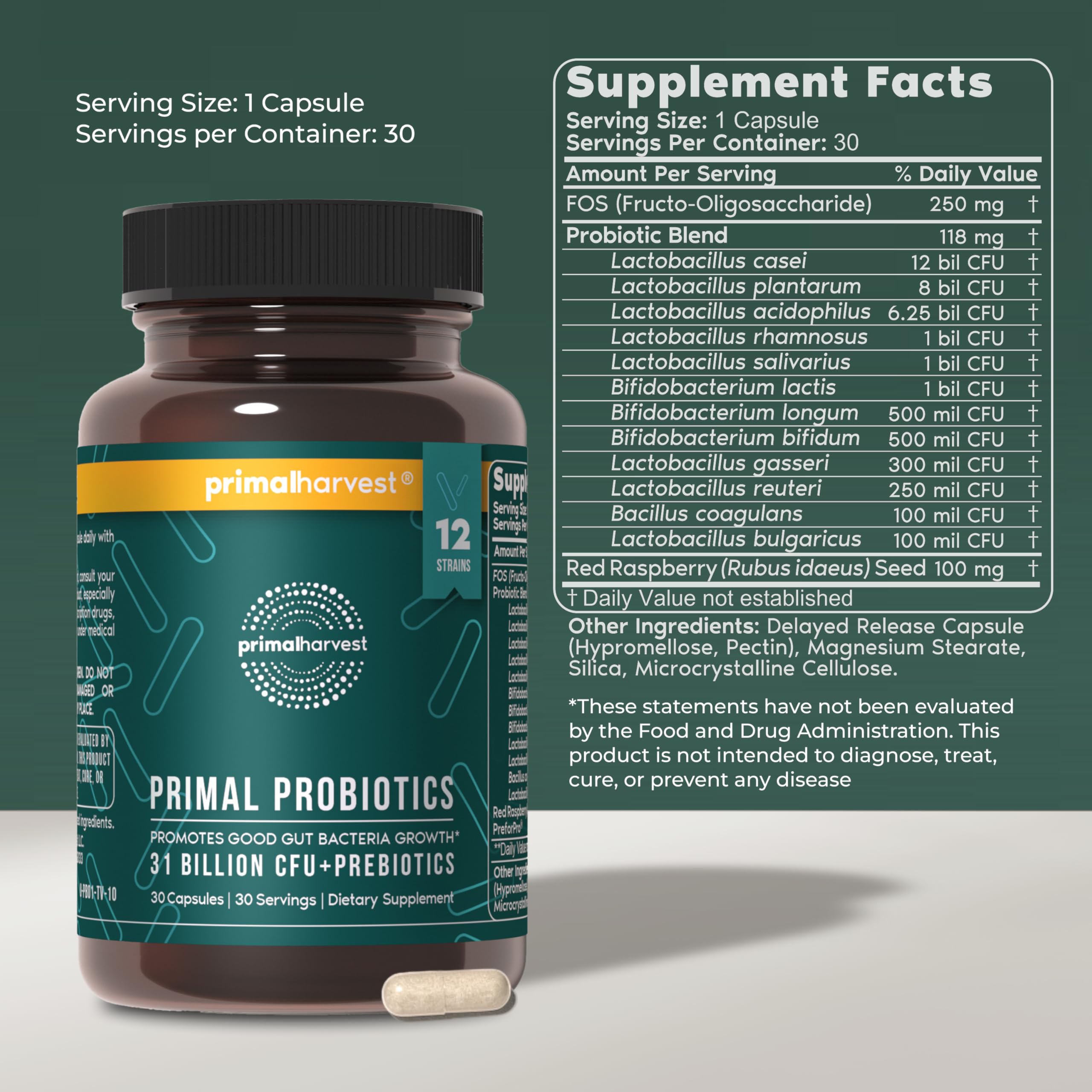 Etiqueta del producto Primal Harvest: fórmula con 12 cepas para bienestar intestinal.