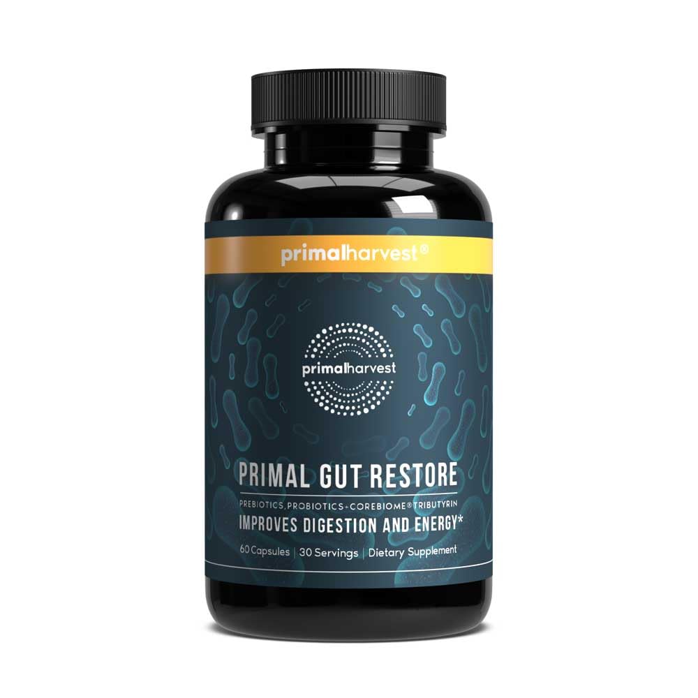 Primal Harvest Restore tabletas digestivas para apoyar el bienestar intestinal.