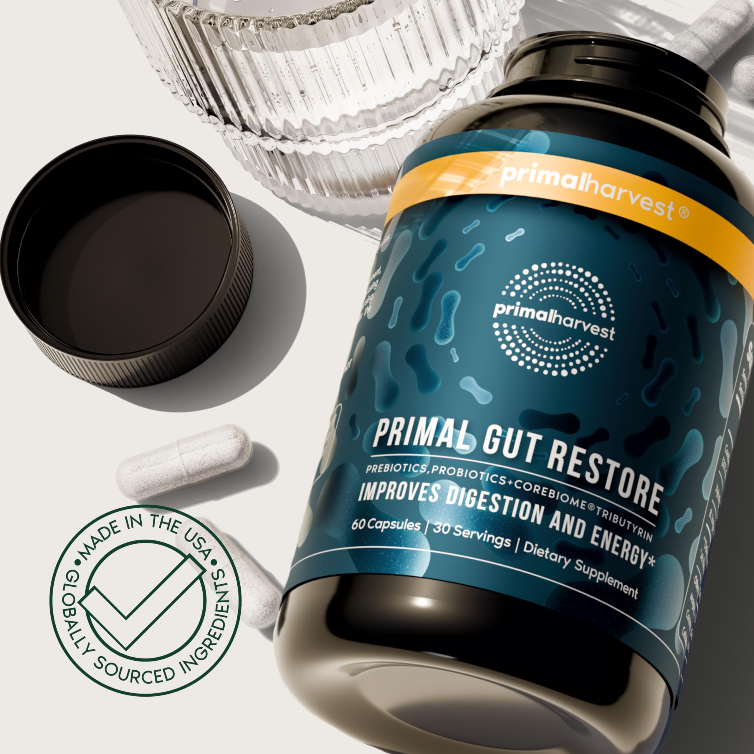 Tabletas de Primal Harvest Restore listas para tomar y apoyar la digestión.