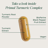 Primal Harvest Turmeric Complex cápsulas, dosis diaria recomendada con agua.