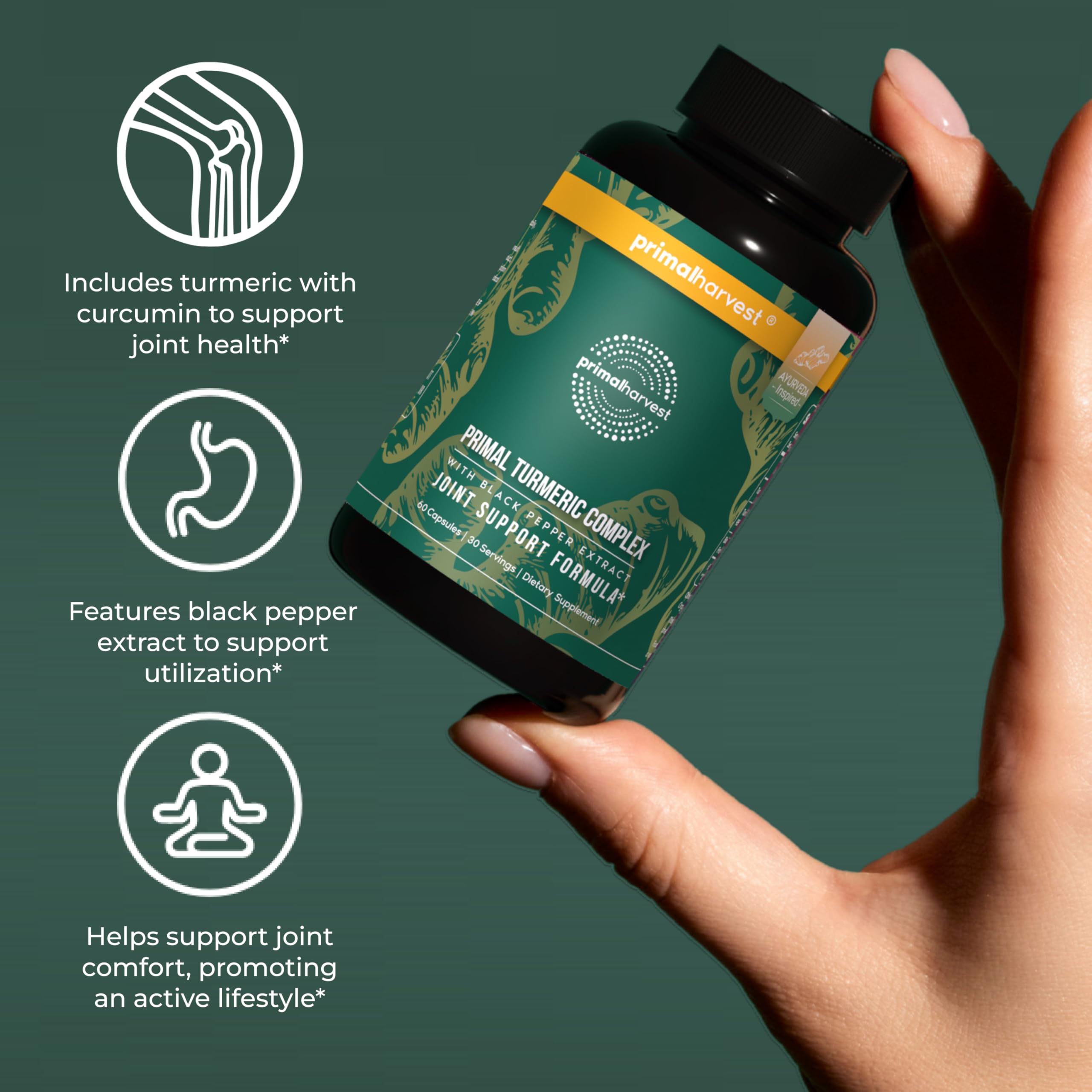 Primal Harvest Turmeric Complex dosis diaria, fácil de incorporar en la rutina.