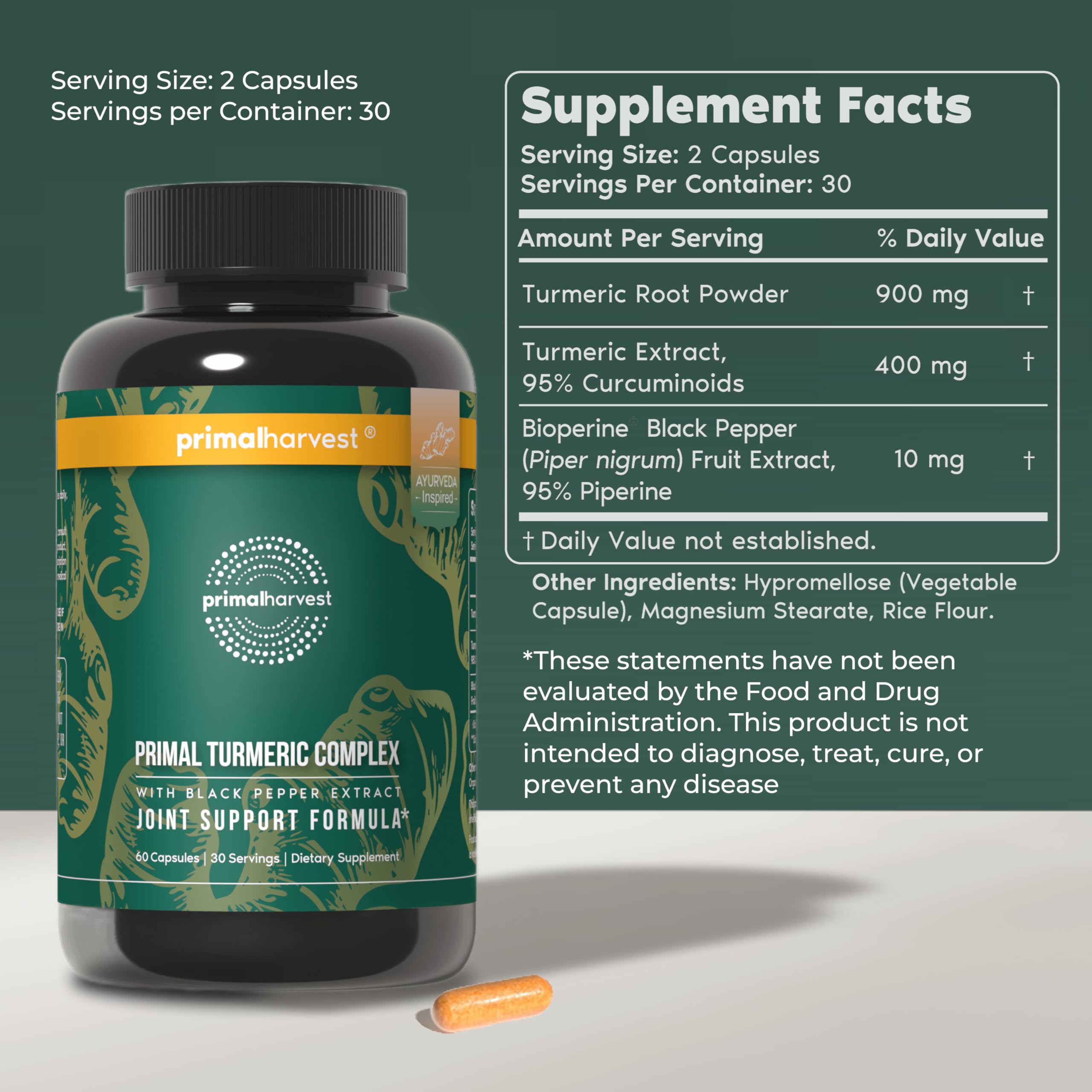 Primal Harvest Turmeric Complex etiqueta, información clara de ingredientes y uso diario.