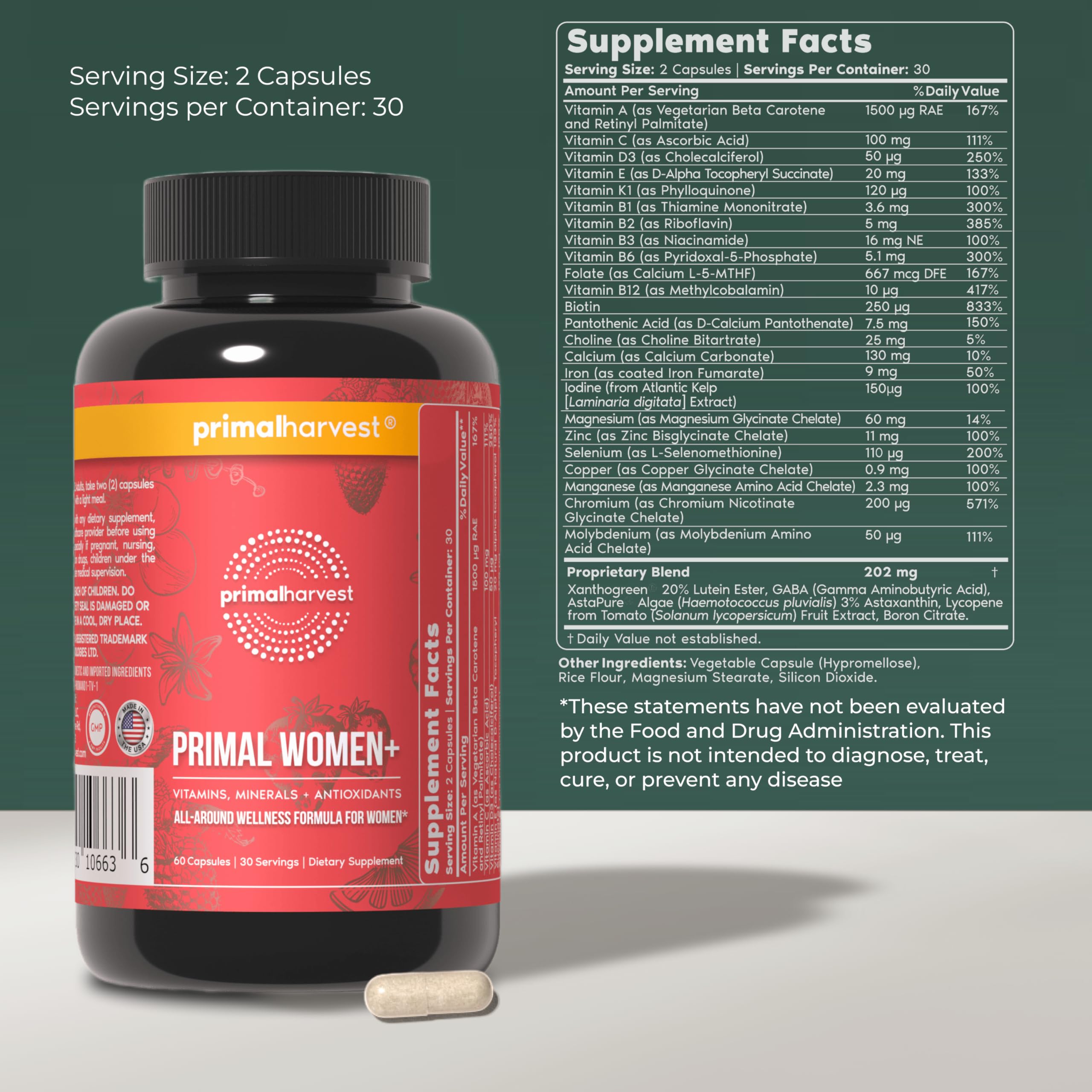 Primal Harvest Women+ etiqueta detallada mostrando vitaminas clave