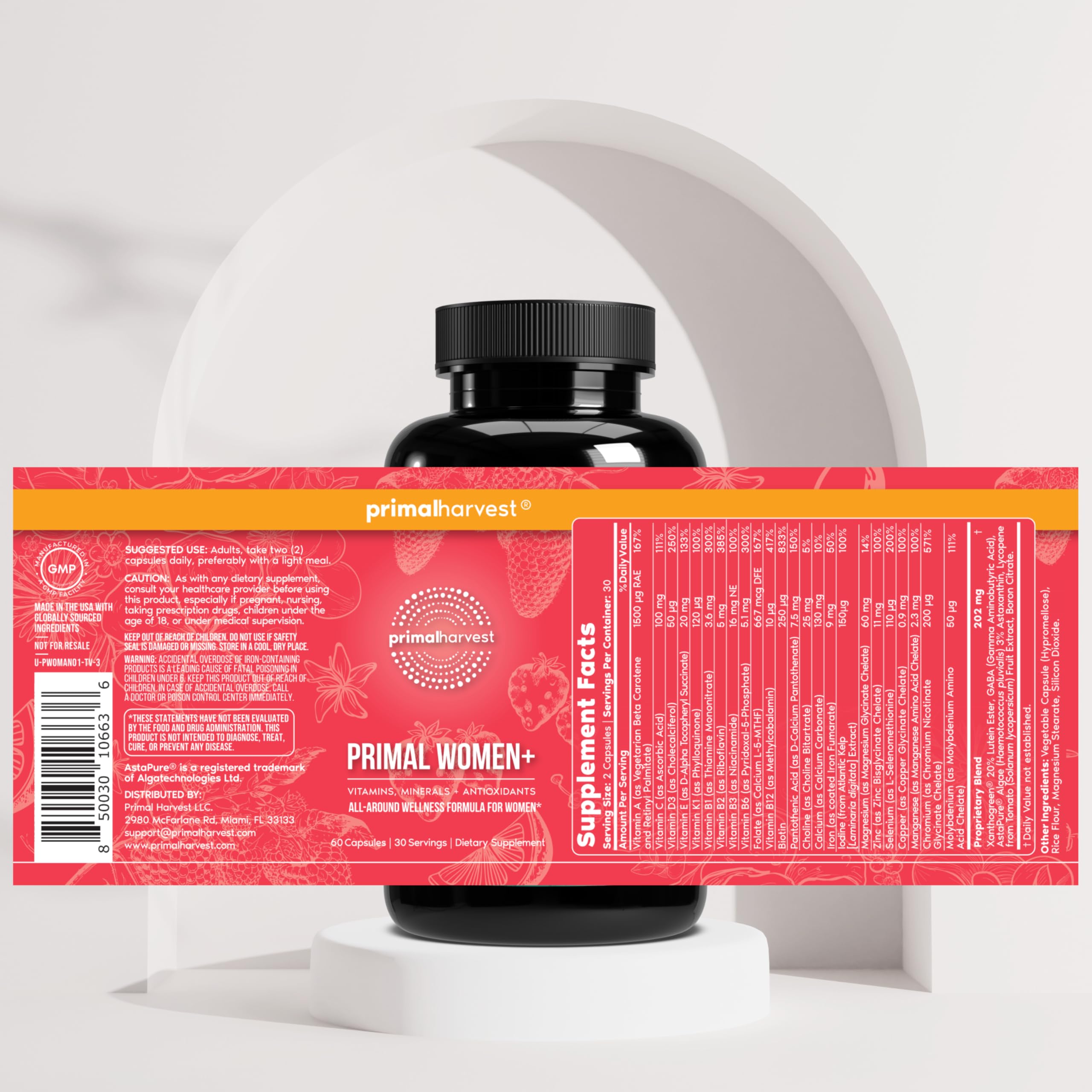 Primal Harvest Women+ gráfico de vitaminas A C D E y zinc para piel