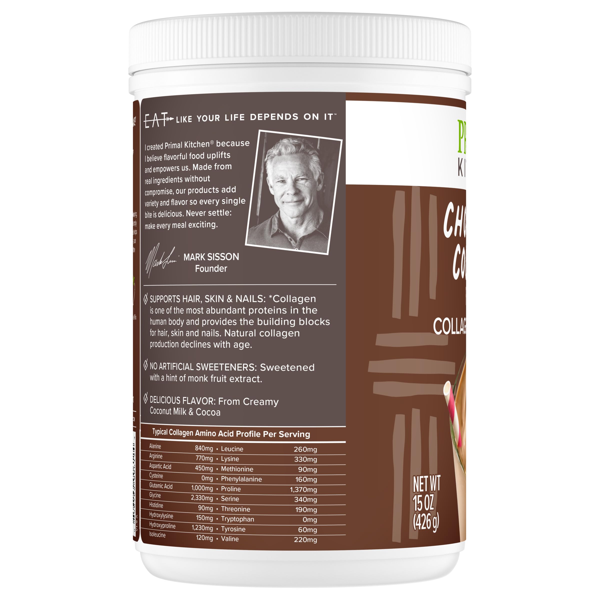 Primal Kitchen Chocolate Collagen Fuel uso caliente y frío en bebidas