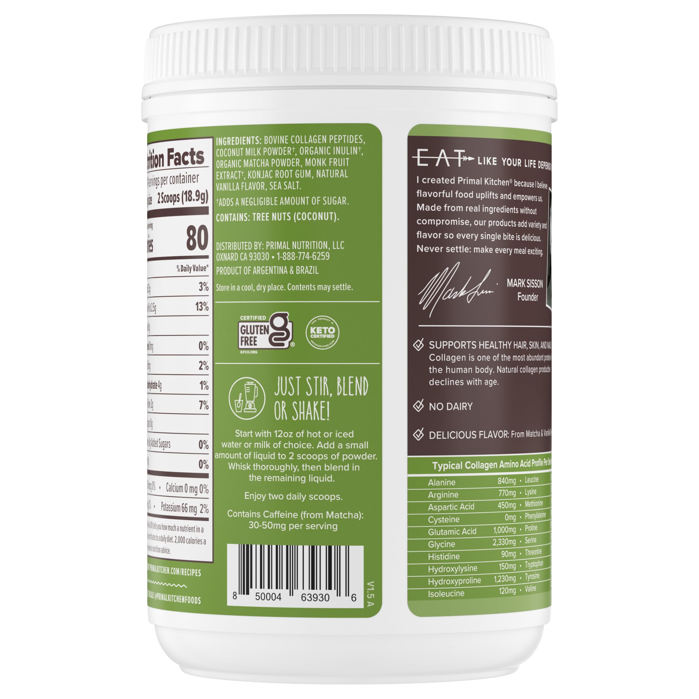 Primal Kitchen Matcha con Colágeno Latte Cetogénico envase del producto conserva frescura.