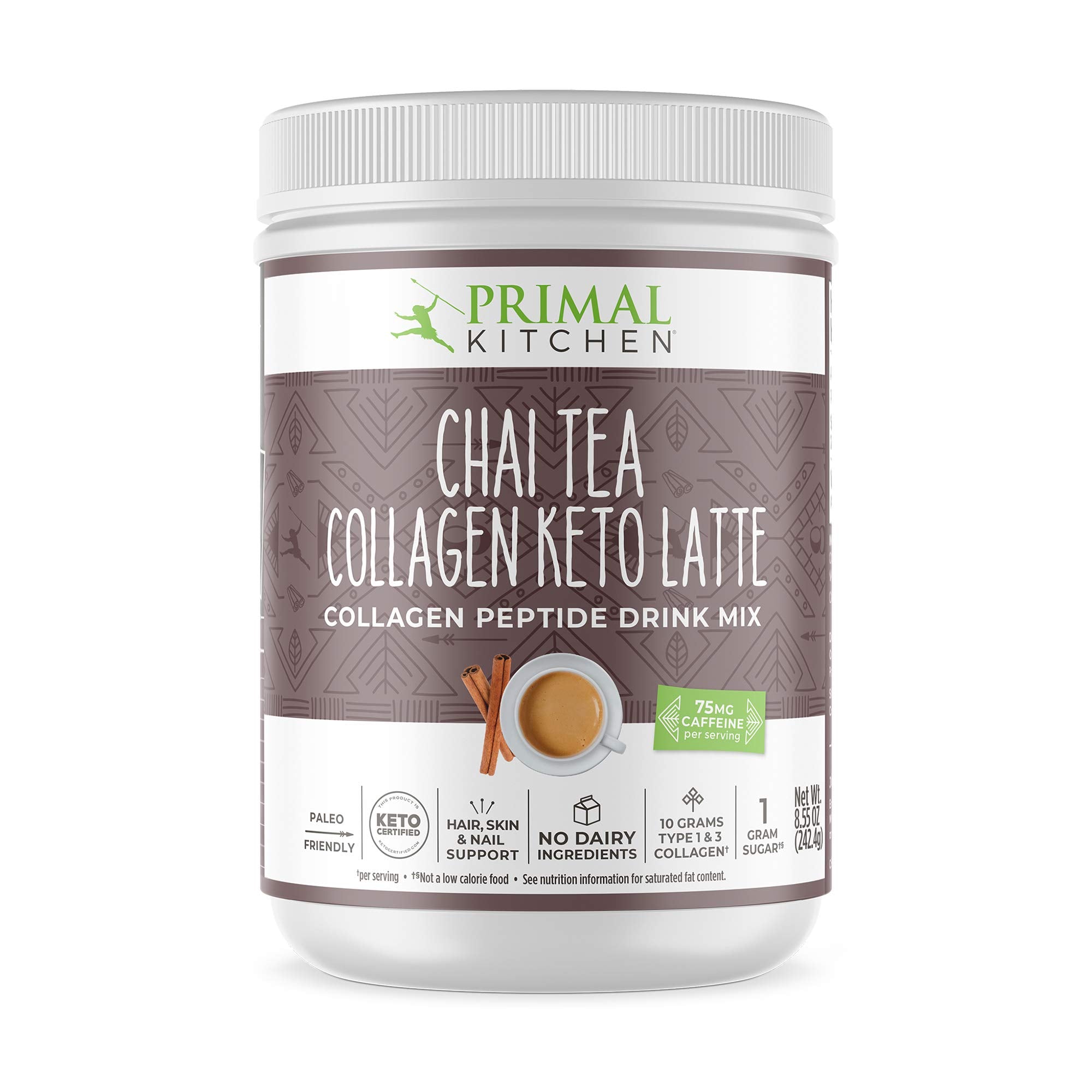 Primal Kitchen té chai con colágeno en envase, ideal para beber caliente o frío.