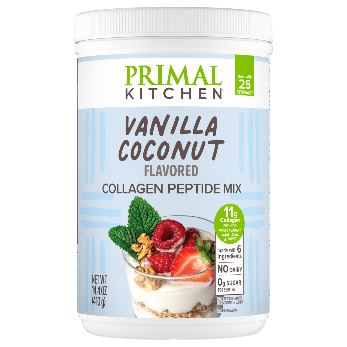 Primal Kitchen Vanilla Coconut Collagen en polvo en bote, ideal para mezclar en bebidas.