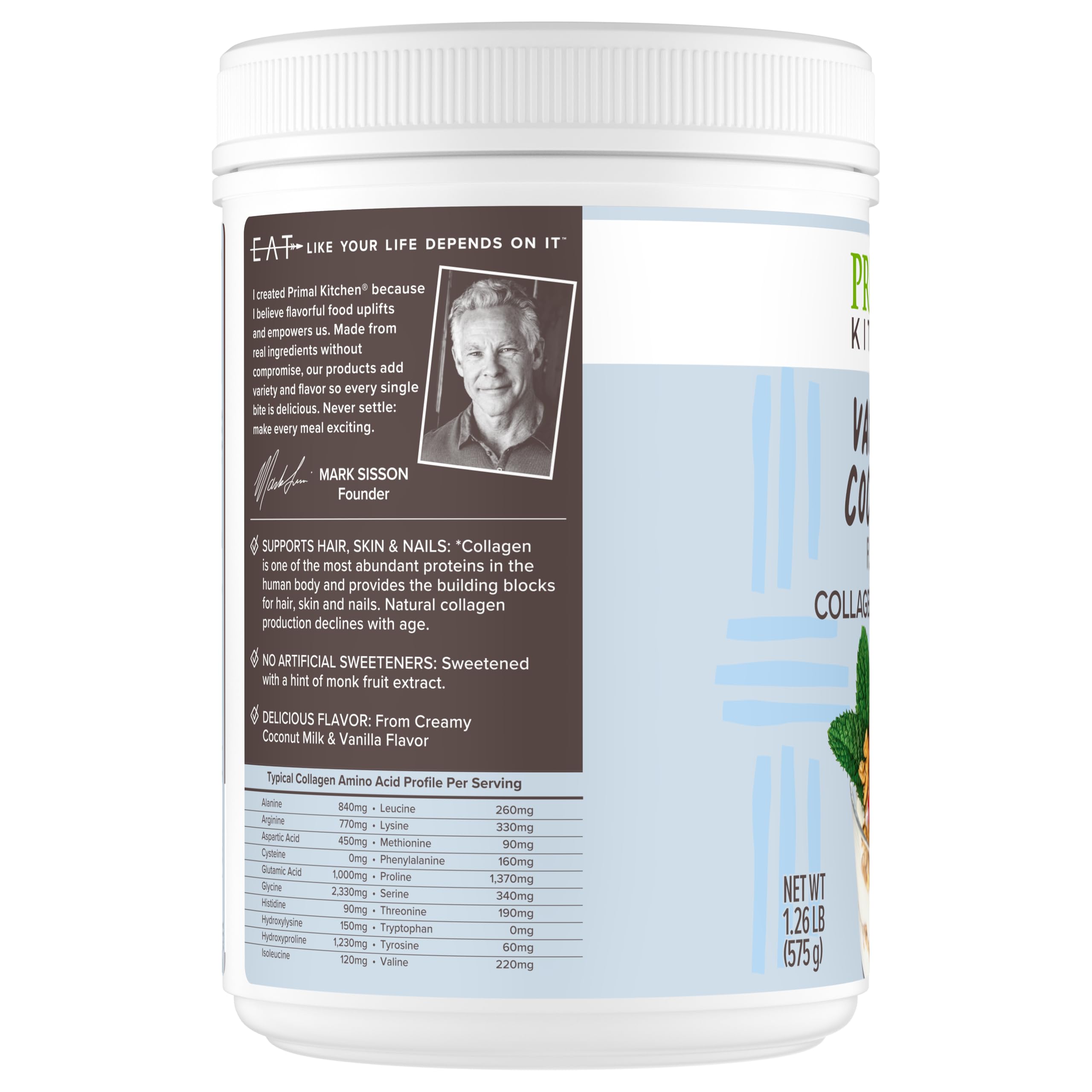 Primal Kitchen Vanilla Collagen Fuel se mezcla facilmente con agua o leche.