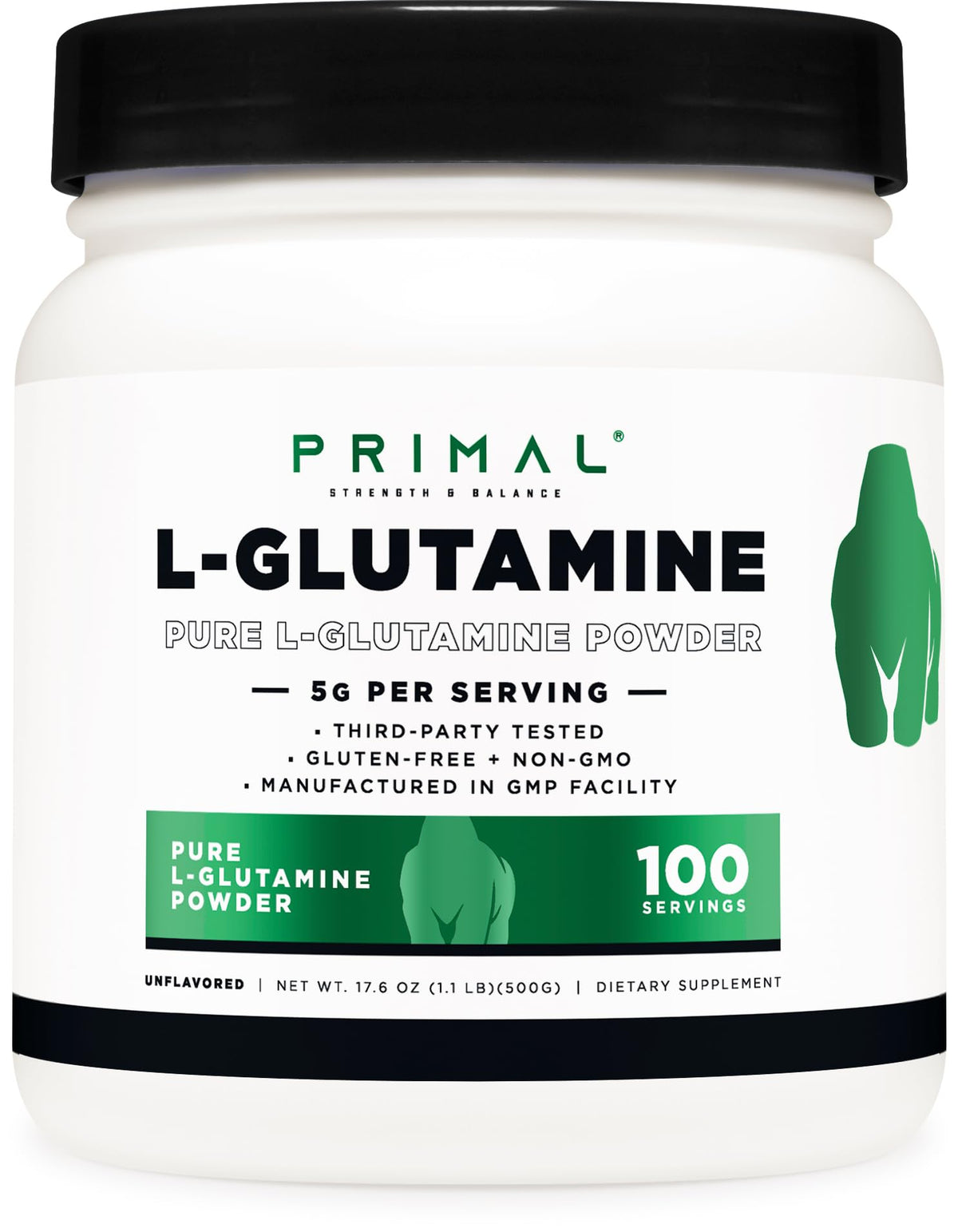 Primal L-Glutamina en botella, polvo puro para recuperación tras el entrenamiento