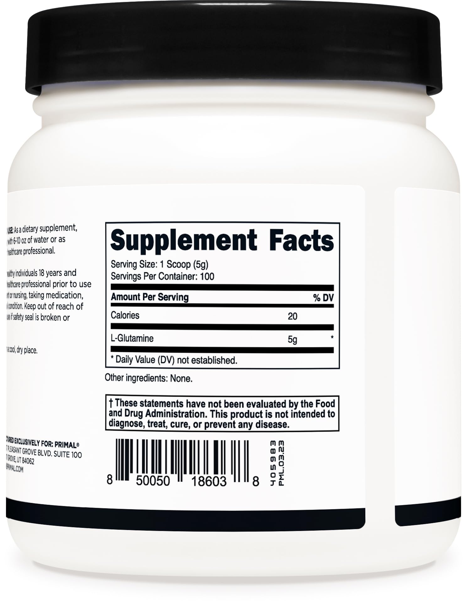 Primal L-Glutamina en porciones, ideal para batidos y barras energéticas