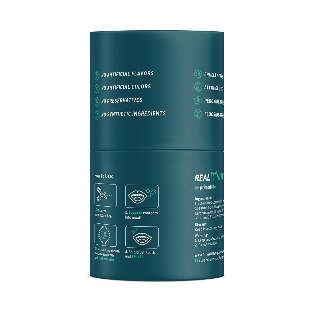 Primal Life Organics Real White Pulling Oil en 14 sachets para rutina diaria.