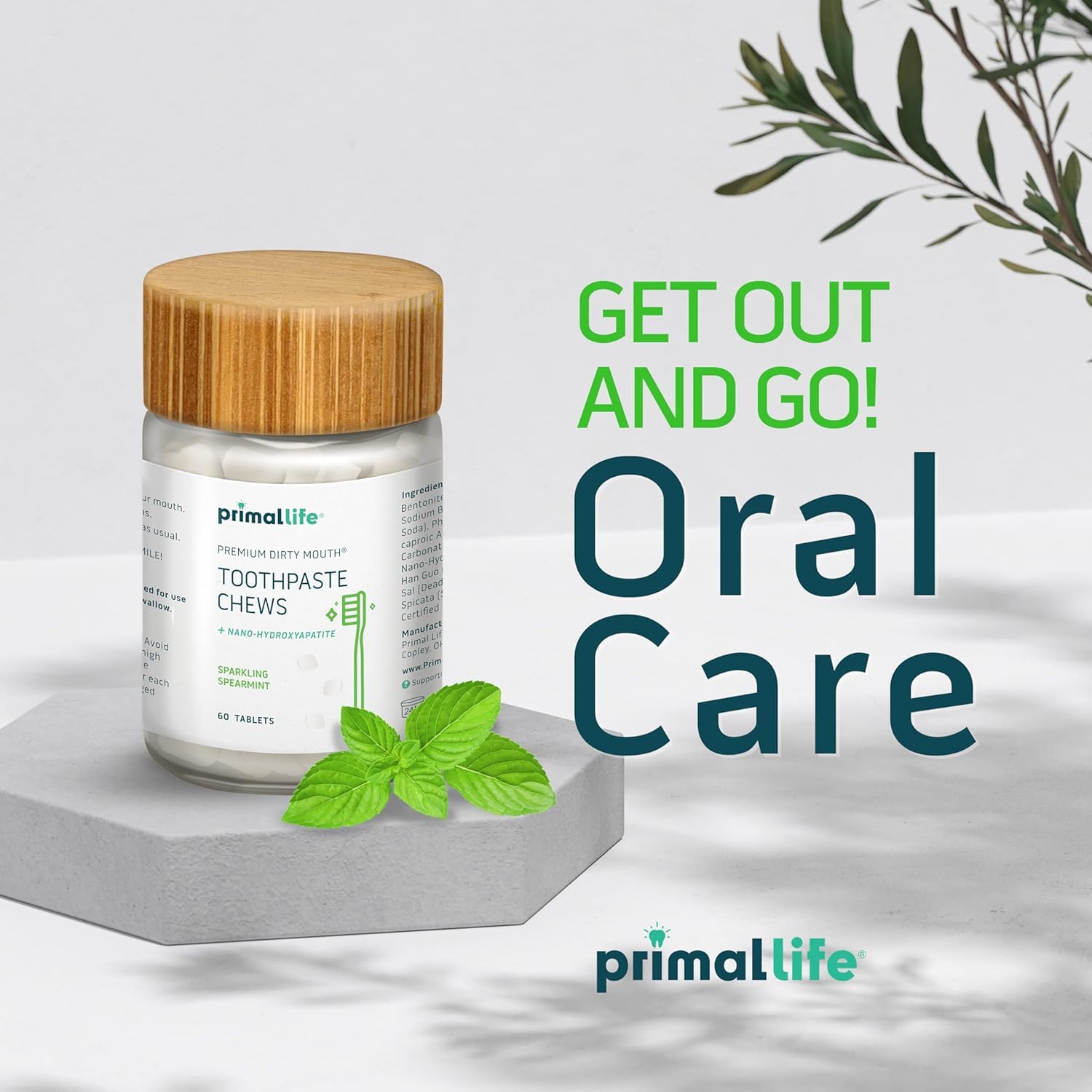 Tabletas dentales Primal Life, sabor menta pulida para uso diario