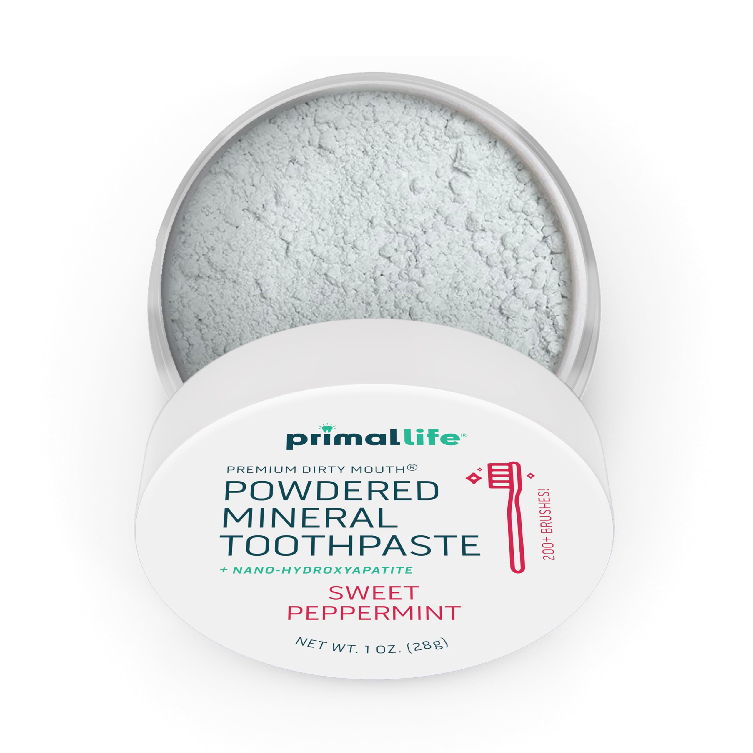 Primal Life Organics Dirty Mouth Toothpowder aplicación-cepillado, rutina diaria de cuidado bucal.