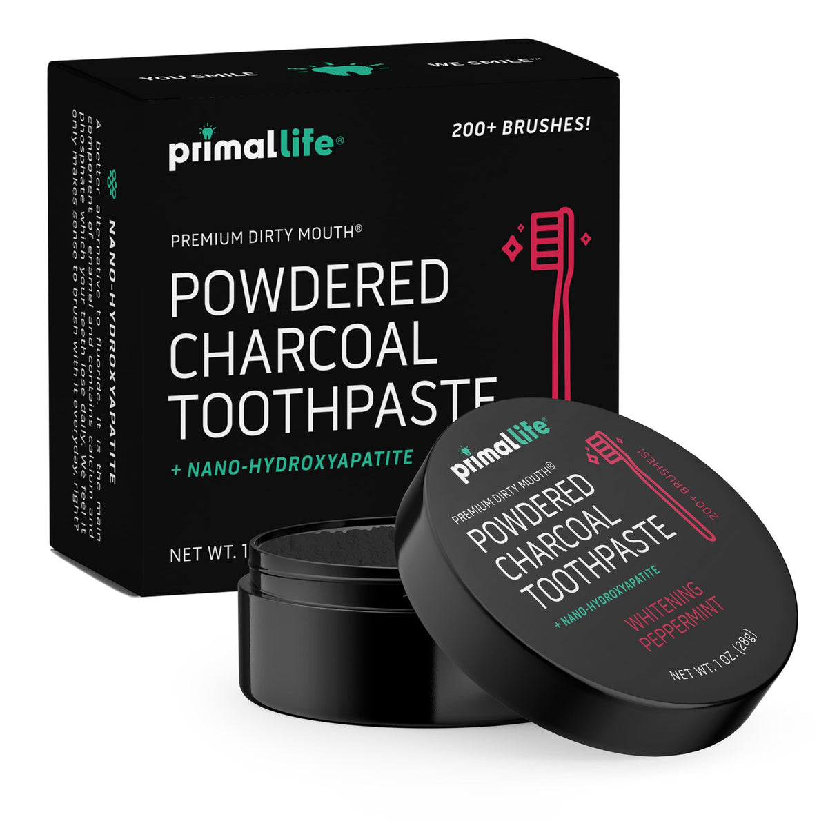 Primal Life Organics Dirty Mouth con carbón activado para limpieza profunda y fresca.