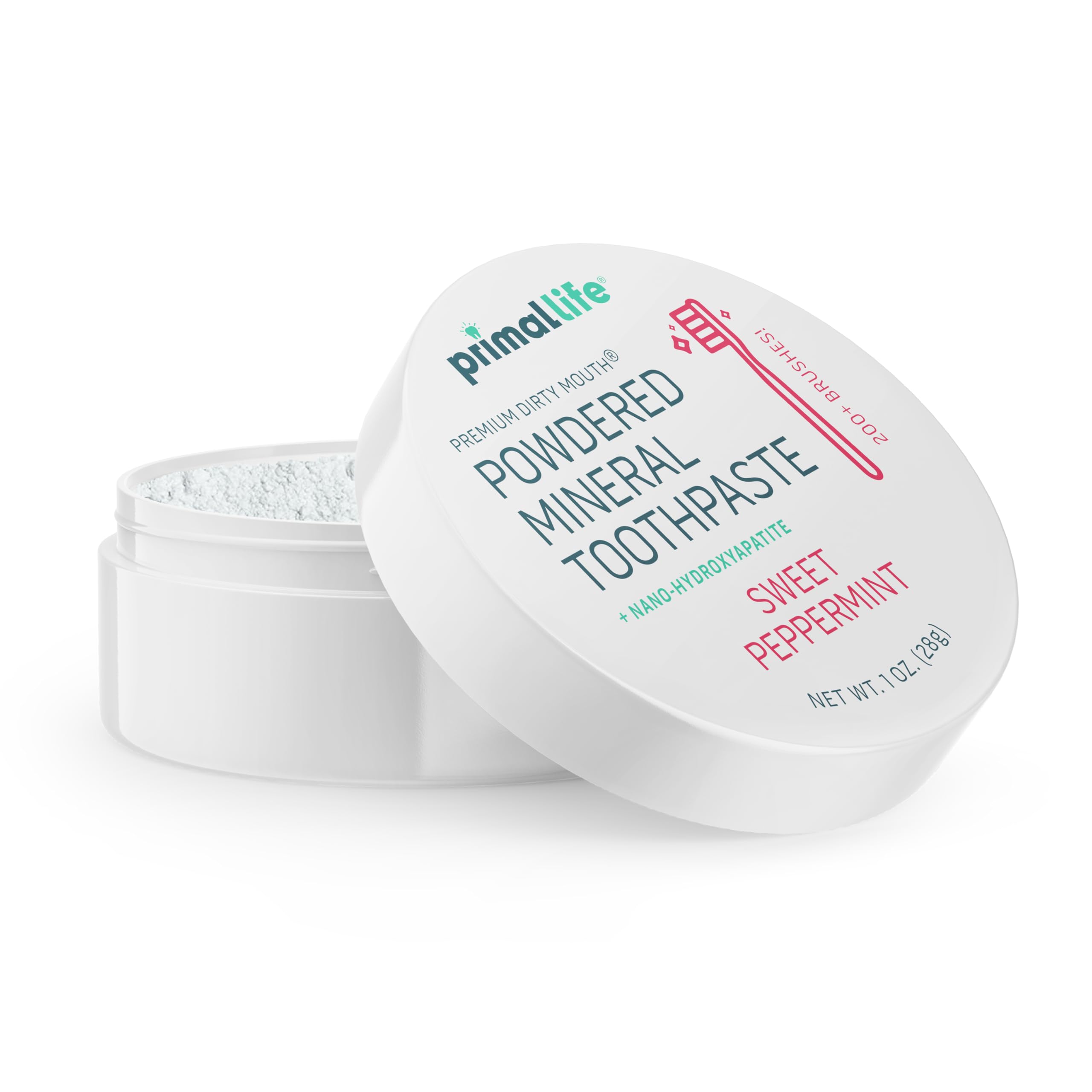 Primal Life Organics Dirty Mouth Toothpowder en envase, limpieza suave al cepillar.