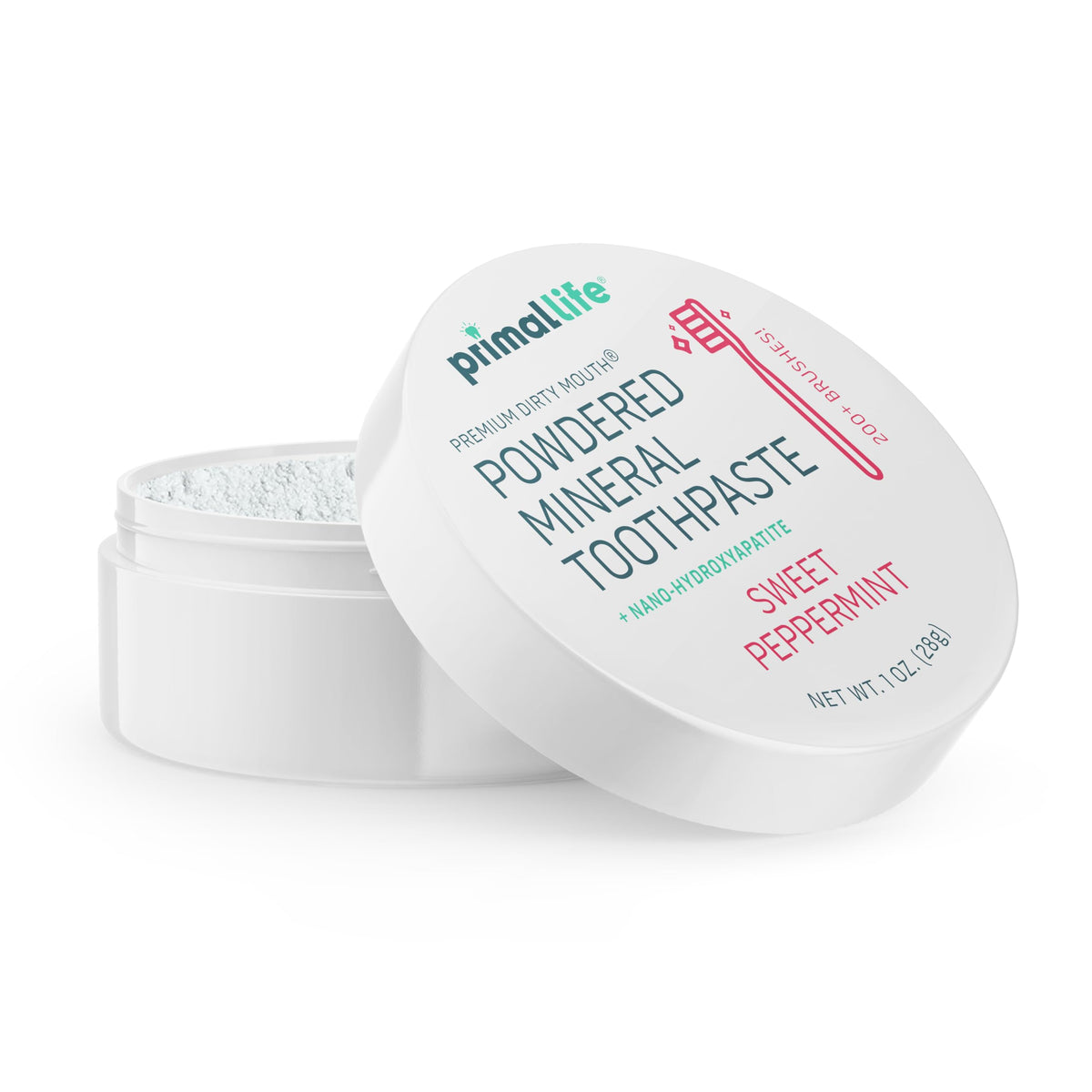 Primal Life Organics Dirty Mouth Toothpowder en envase, limpieza suave al cepillar.