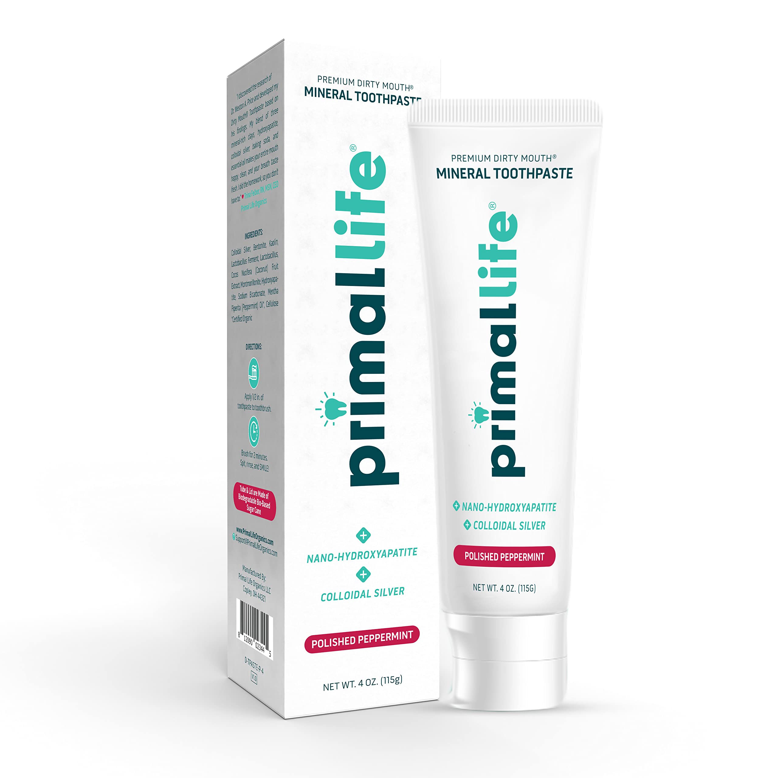 Pasta dental Primal Life Organics con nano-hidroxiapatita para remineralización dental suave